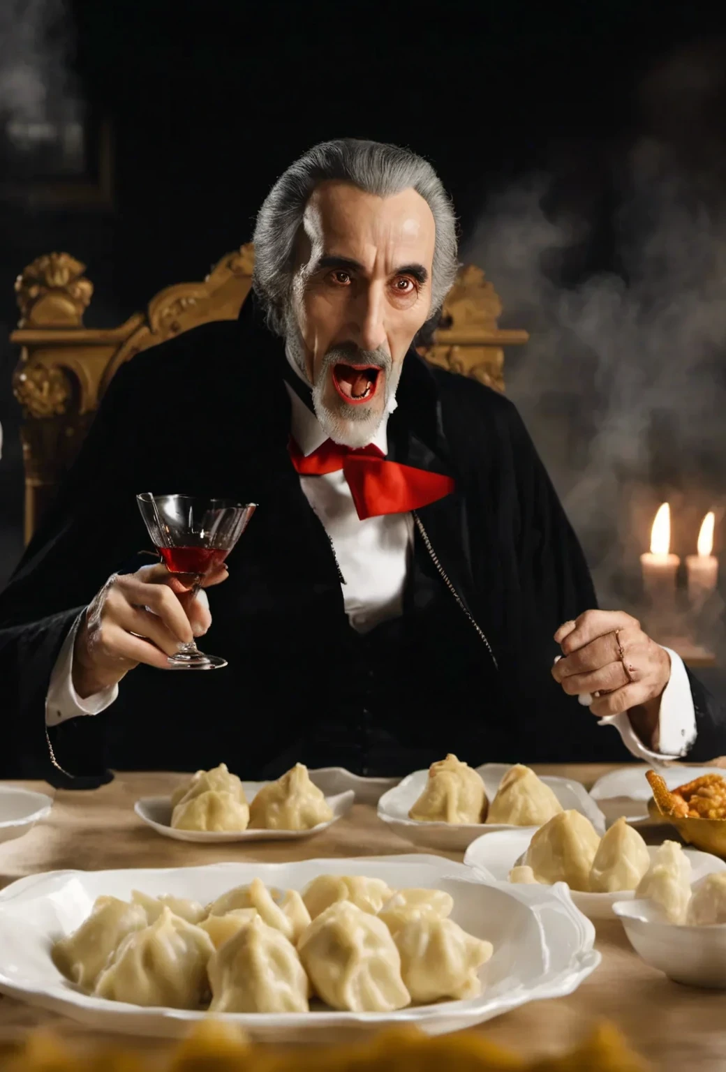  Christopher Lee as in Dracula's costume sitting at a table with Dumpling,  Earl Dracula , Vampire ,  Victorian Vampire , Dracula, Christopher Lee as(Dracula),  One Man Vampire , Kramskoi 4 K,  Dumpling's Fine Dinner ,  Scary Vampire , Dracula's Fangs ! Haunted House, Rasputin as a Victorian vampire, vampire, Inspired by Rudolf von Alt, dumpling、dumpling、dumpling、 threatening !