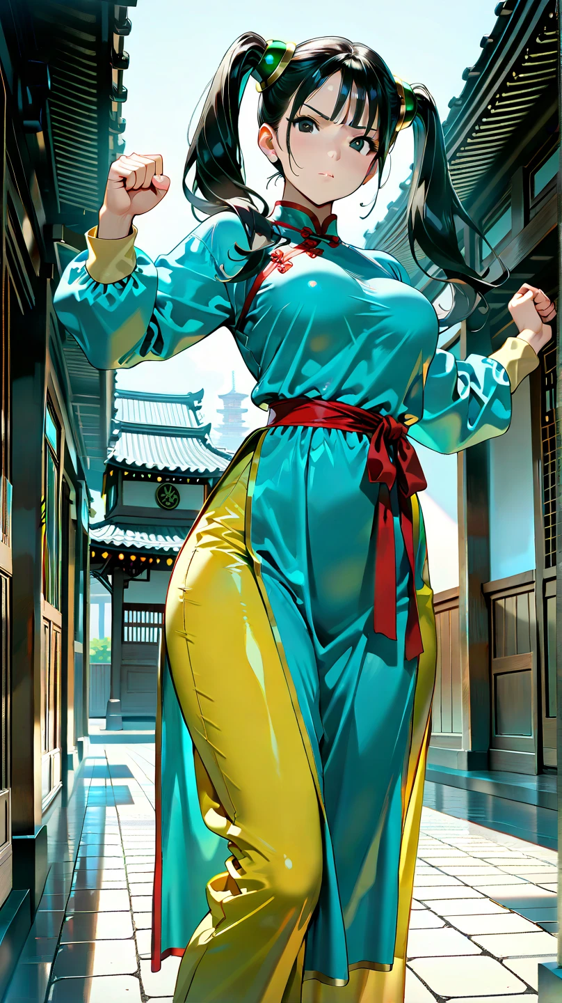 ((masterpiece)), expensive quality, very_expensive_solve, big_file size, Full Color, Thick outline, Clear contours, colorful, (Beautiful attention to detail), (Beautiful Face:1.3), Boyish face, 1 Girl, (Ranma), (Redhead), short hair, (Braided Ponytail), ((bangs)), bumpy bangs, Blue-gray eyes, Big Breasts, Curvy, Black Wristband, Ranma, Braided Ponytail, Chinese clothing, No sleeve, Tangzhuang, Black trousers, Camel Toe, Are standing,