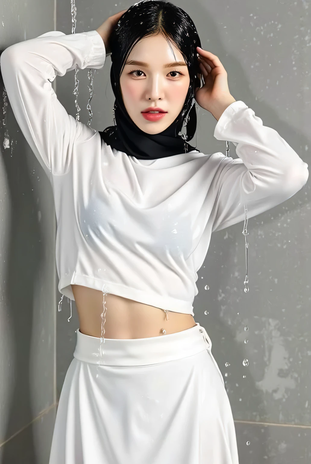  A 20-year-old woman ,  showering, whole body and wet clothes , Both hands on the head,  use a long sleeve tight t-shirt of white color, use a full length skirt covered up to eye toe white color, lips are black , using a tight hijab of black color 