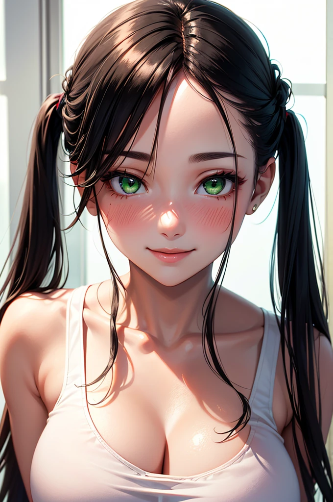 White tube top, pink short pants, black hair in twin tails, red ribbon, narrow eyes, red pupils, resort area, outdoors, blue sky