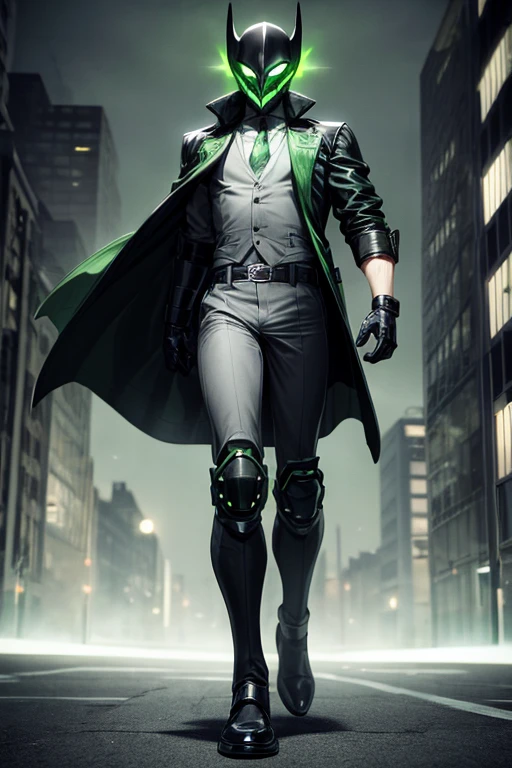 ((best quality)), ((masterpiece)), (detailed), 1 man, full body, 30s, masked, black supervilain mask with green details, hairless, small diamond on forehead, bright green eyes, black collar, tall, thin, long dark gray trench coat, open gray trench coat showing his chest, black gloves, gray wristbands, suit, white shirt, dark green suit vest, black pants, gray knee pads, black shoes, belt, floating, green light flashes, city background with green lights, anime