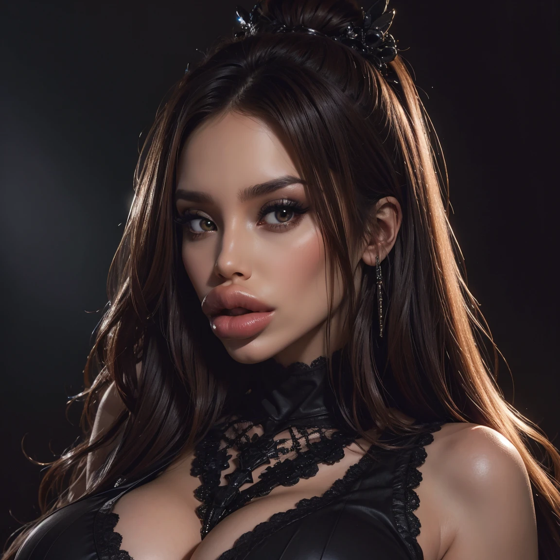 (beautiful detailed eyes, beautiful detailed lips, extremely detailed eyes and face, long eyelashes, 1girl, red lips, pale skin, smile, blowjob, photorealistic, 8k, high quality, masterpiece, hyper detailed, ultra-realistic, cinematic lighting, dramatic lighting, dramatic atmosphere, vivid colors, surreal, elegant, ethereal, sensual, erotic)