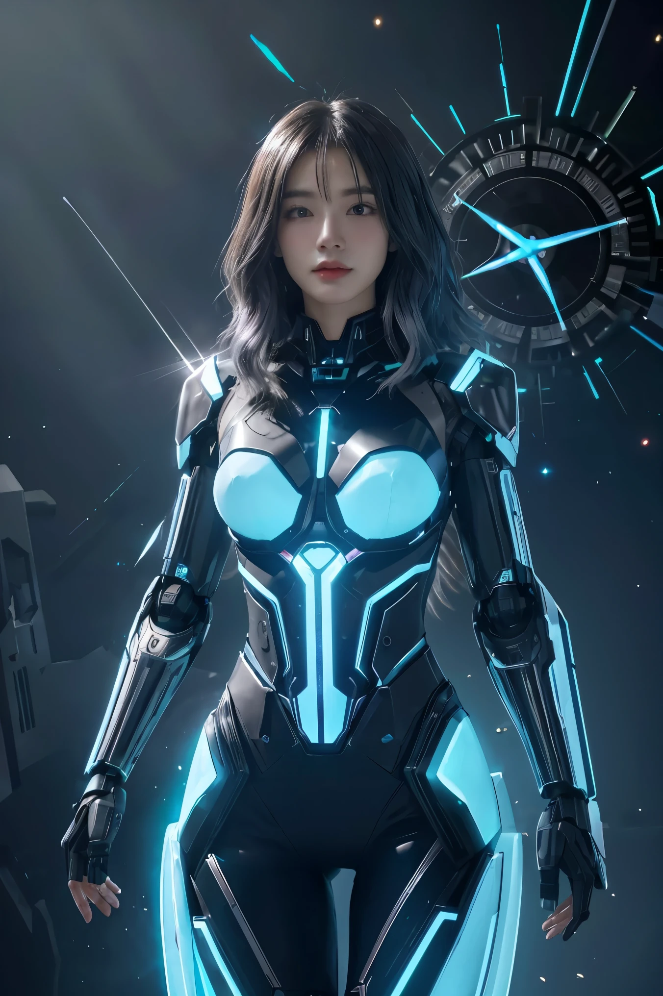 studio photo, beautiful woman perfect body half robotic half metal with iridescent black shimmering hair, standing alone, particles in the air, god rays, stars in the background, intricate fractals, detailed, (illustration) fragreality tech, universe, scifi, shattered warped reality , refractions, space time , clock, giga woman, silver glowing hair , strange fantasy image, odd glowing rocks, beautiful, detailed, long flowing hair, medium breasts, great skin texture