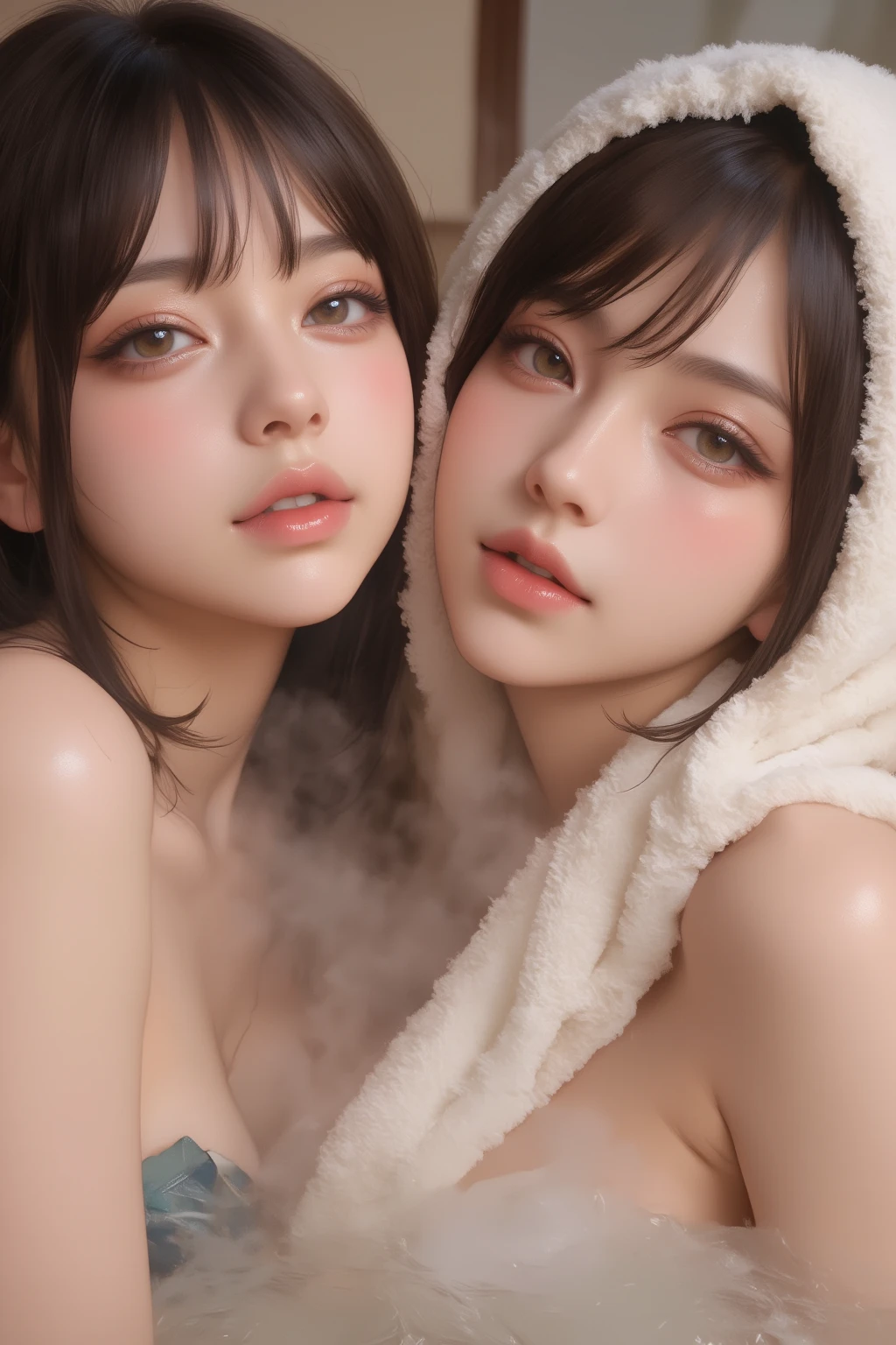  a 2人の日本のアイドル ,  a ,  Sensual depiction of  , Short-haired,  the plump actress on the left , Long-haired,  petite idol on the right ,  in a traditional hot spring .  in this professional close-up 、 towel strategically covers the nipples ,  emphasizes smooth skin and an attractive gaze .  The steam from the hot springs and the blurry traditional background create a fantastic atmosphere.  Soft , Diffuse Light, intimate setting ,  best quality .