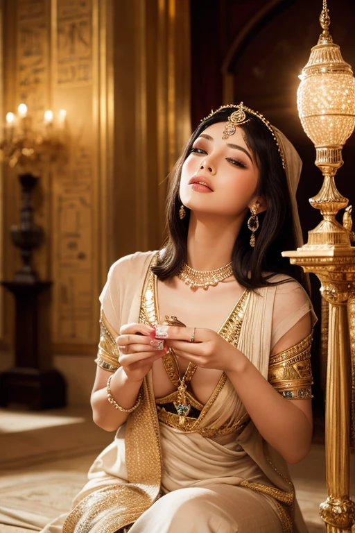 Create an image of Cleopatra, the famous queen of ancient Egypt. She should be depicted with her iconic look: wearing a gold and jewel-encrusted headdress, and adorned with traditional Egyptian jewelry. Her attire should include a flowing white linen dress with gold accents. She has almond-shaped eyes highlighted with dramatic black eyeliner extending towards her temples, and her hair should be styled in a short, curly bob. Surround her with symbols of Egyptian royalty, such as hieroglyphics, a scepter, and a throne. The background should feature elements of ancient Egyptian architecture, such as pyramids or columns. Show her engaging in multiple activities: bathing in honey and milk. Make her appear regal and commanding, yet beautiful and enigmatic.