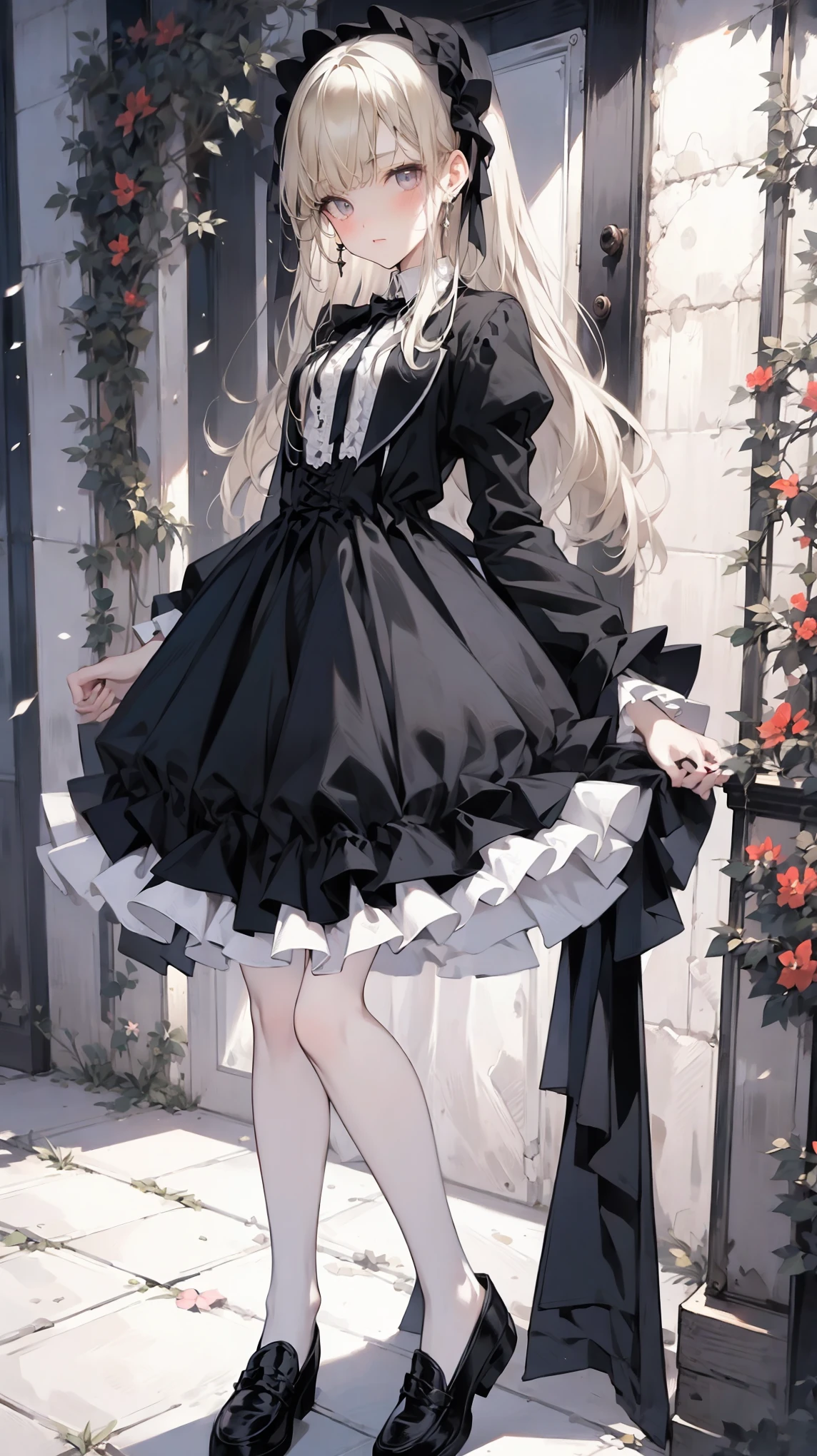 proportional body, realistic fingers, natural facial features,anatomically accurate,High Quality,Amazing Details,ultra high resolution,(realism:1.4),best illustration,(full body image from head to toe:1.2),Amazing details, 8k photos, Hyper realism, Professional Light, Realistic Background, Visual depth, Background blur, Wide-angle lens, whole body, (cute, change, Flat Chest), One girl, Colored eyes, Blonde, (Lolita fashion: 1.5), (race, Frilled shirt, White petticoat, loafers), (stuffed toy), pink cute porch, street, fashion
