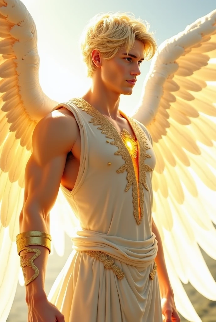 Full body shot (close-up:1.5),muscle,menstoga,in white and gold costume, male focus, solo, 1boy, (bare shoulders),looking at viewer, ice blue eyes,nude,(Seraphim:1.5), (multiple wings:1.5), in the sky, (floating:1.3), (midair:1.5), cloudan with wings), angel wings, glowing, bloom, platinum hair, outdoors, stars,golden feathers, (gold magic swirling),(Masculine face:1.2), half body shot