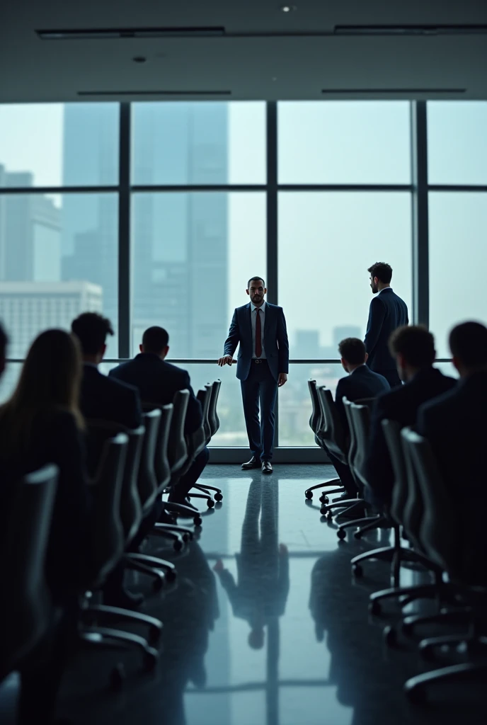 There are many people sitting at a table in a room, wearing a strict business suit, Retrato Corporativo, serious business, em terno estrito, foto de retrato, chefe corporativo, em um terno estrito, with a business suit on, corporate business, wearing a suit and glasses, Retrato Grande Angular, Directed by: Aleksander Gierymski, in a business suit