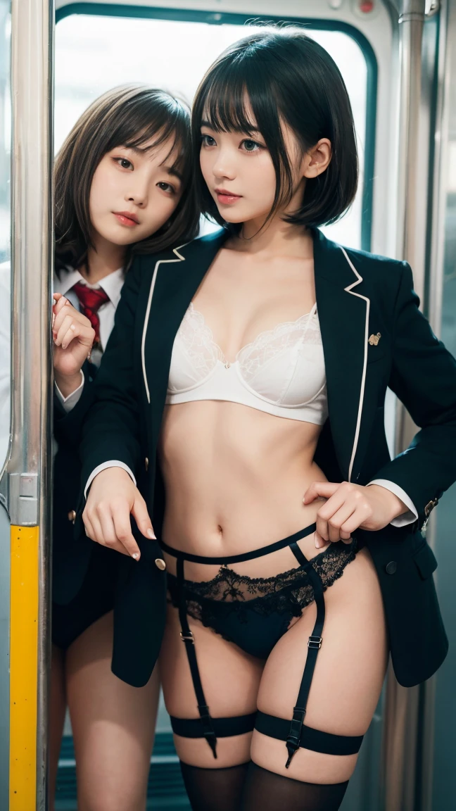 Masterpiece, Best Quality ,, 2 girls, Lily, (Kisses:1.8), (French Kiss), Blushing, Eyes closed, (tongue), (Saliva), (groping), Hands on breasts, Tongue sucking, Sweat, Business suit, Tight skirt, Pantyhose, disheveled clothing, Sheer panties, Blouse that sticks to body with sweat, Sheer underwear, Sexy lingerie, Half-taken off panties, No bra, Outdoor, Adultery, Nasty look, ecstasy, back alley, out-of-town, illuminated by street lamps, disheveled hair, leaking pee, damp feet, damp clothes
