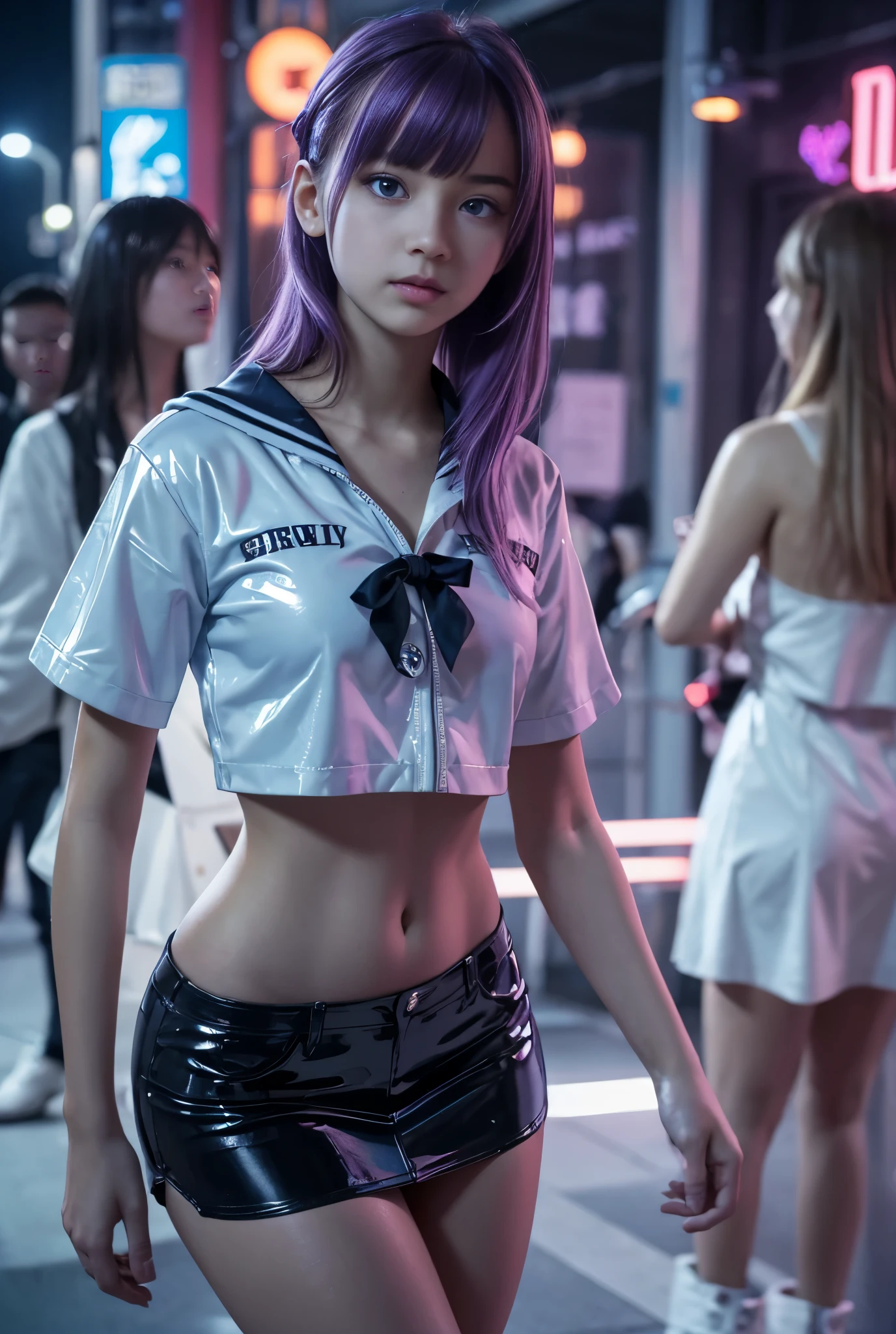 （ highdefinition images、Pro Work 、Artistic、's greatest masterpiece、 Draw Realistically Accurate with Detailed Details 、 Detailed texture :1.2）、（ beautiful１7--old l、Beautiful girl with purple hair、Small chin、 big eyes、 Feeling slightly apart between eyes 、（Blue Eyes、 big eyes）、 beautiful鼻、Thick lips、(Slim Full Body 、long legs and arms 、 white sailor suit、dark blue miniskirt、Figure of a female high school student 、White latex boots:1.4）、(( slender body、The background is a glowing digital type )):1.5）