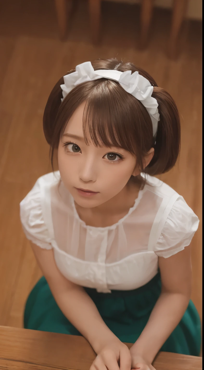 Tabletop, highest quality, shape, Very detailed, In detail, High resolution, 8k wallpaper, Perfect dynamic composition, ((close:1.3, From above, View your audience)), Beautiful details , (Wearing cotton maid clothes, , Cute Ruffle Girl Dress, Maid's headband, Base color is white、black、green),Twin tails