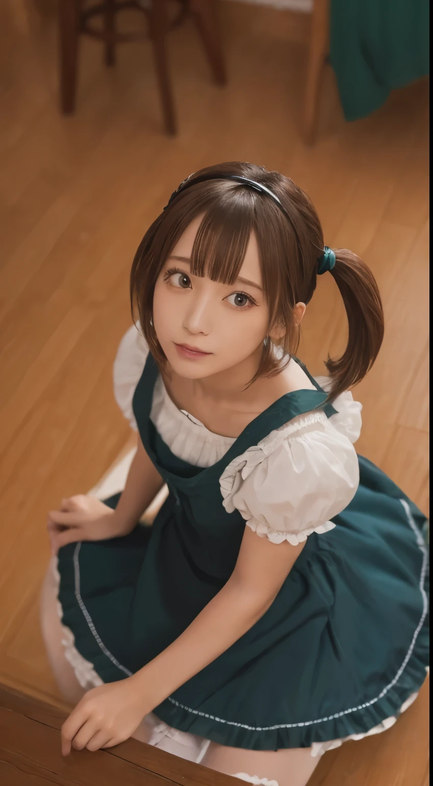 Tabletop, highest quality, shape, Very detailed, In detail, High resolution, 8k wallpaper, Perfect dynamic composition, ((close:1.3, From above, View your audience)), Beautiful details , (Wearing cotton maid clothes, , Cute Ruffle Girl Dress, Maid's headband, Base color is white、black、green),Twin tails