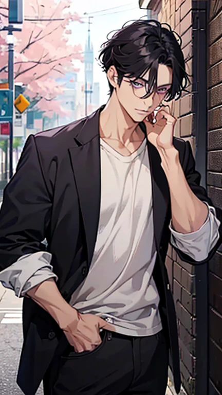 A male character with glasses, straight black hair, a rude mysterious man and semi-elegant clothes, he is not dark-skinned in a non-Korean drawing and with a masculine touch 
