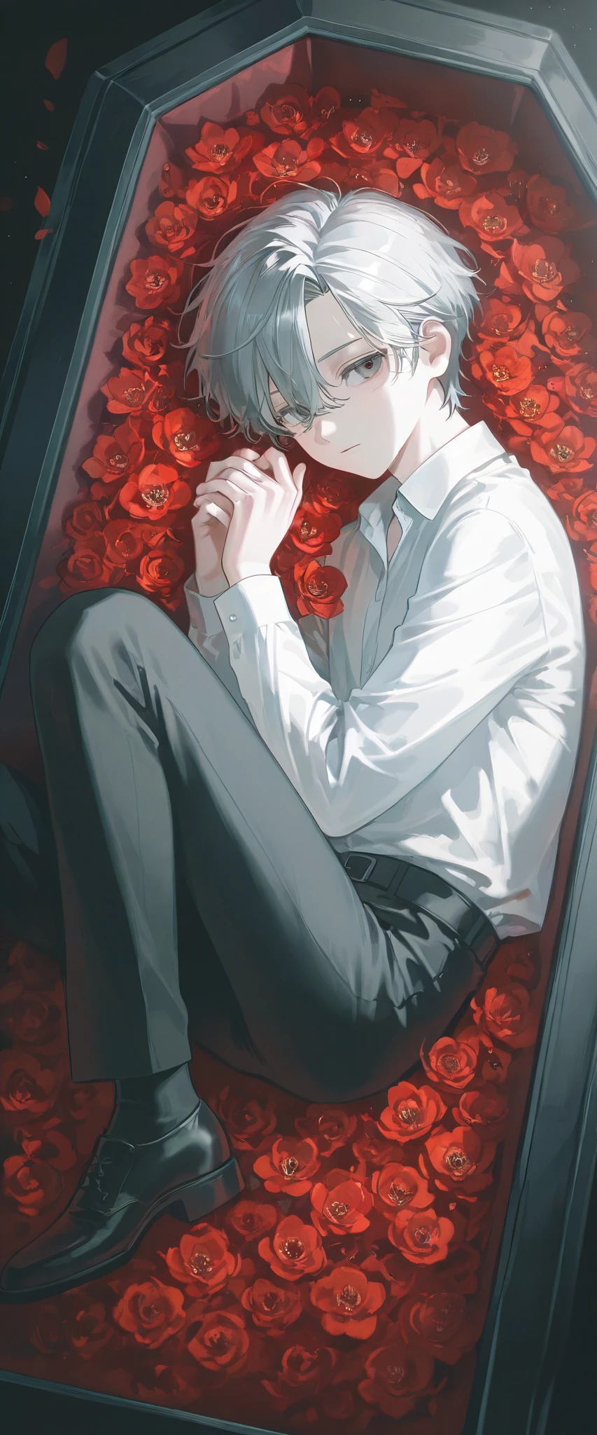 (1 man with short gray hair:1.4),Inside a coffin with lots of red flowers、 shirt、Moonlight