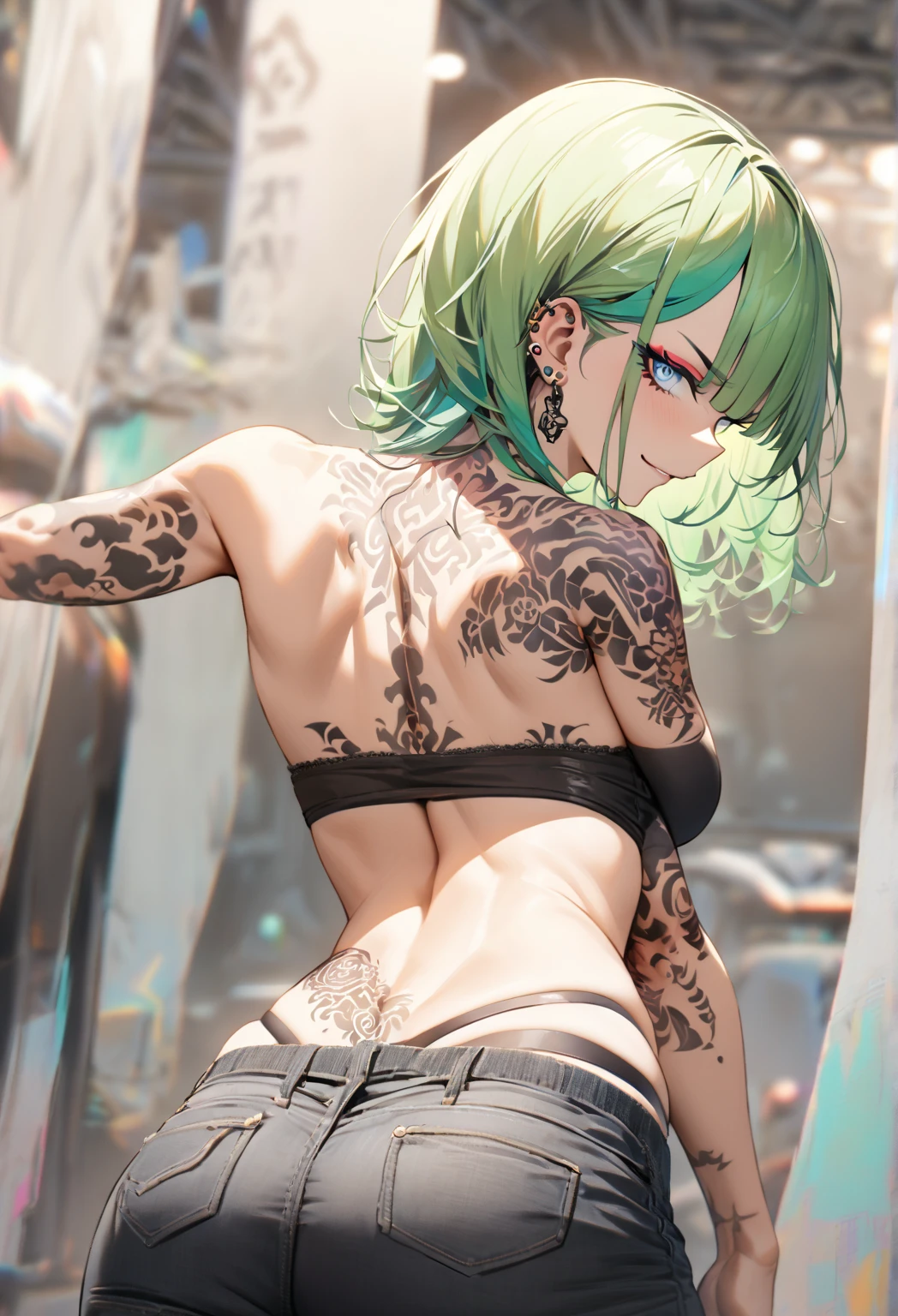 NFSW, Masterpiece, best quality:1.2, 1 girl, solo, striking teal and black bob-cut hair, (petit, tiny breast, small tits) tattoos, minimalist room with smut details at the wall, totally naked, (face dirty with sperm, piss and spits), geometric rug, contemporary art, edgy, stylish, bold aesthetic. (tattoos at the back like an eagle ace, breast, write "Mettallica" in the butt (((taiwanese girl with tattoos, inked, dark green hair, tattooed, with tattoos, anna nikonova aka newmilky, green hair, short unkempt green hair, style of ink)))