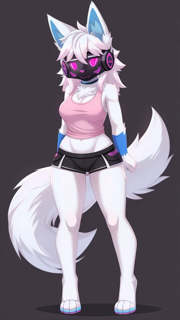 Furry  protogen   female anthropomorphic white fur pink eyes blue ears wearing a black tank top and black shorts  medium breast size 