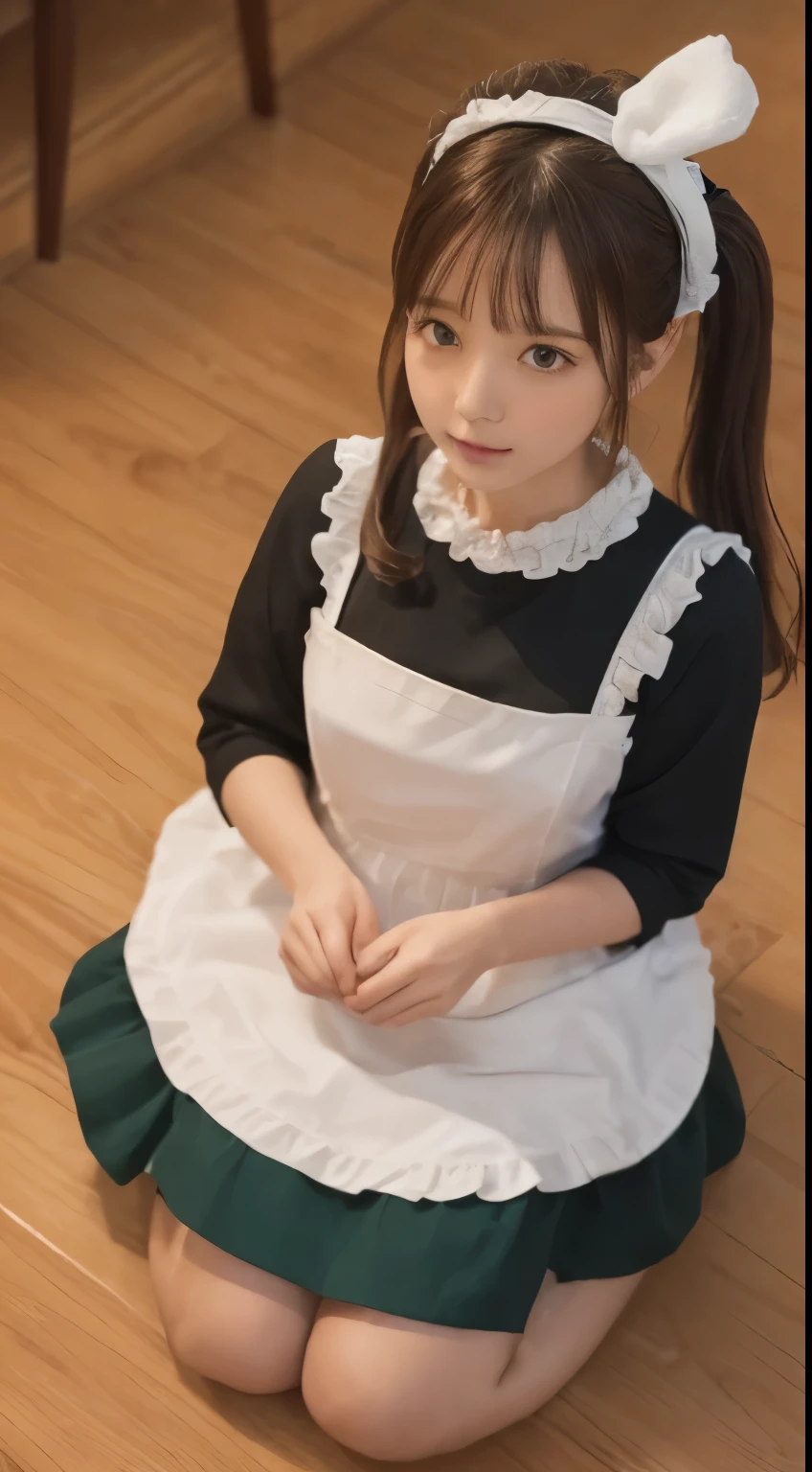 Tabletop, highest quality, shape, Very detailed, In detail, High resolution, 8k wallpaper, Perfect dynamic composition, ((close:1.3, From above, View your audience)), Beautiful details , (Wearing cotton maid clothes, , Cute Ruffle Girl Dress, Maid's headband, Base color is white、black、green),Twin tails