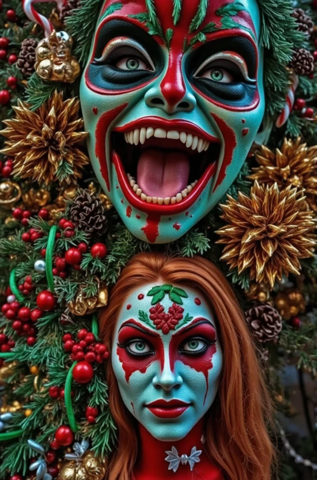   of 。 Close Up of Two People with Face Paints and Christmas Decorations,  Rudolph Belalsky Inspired by ,  complicatedブードゥーメイク,  nasty laugh ,  complicatedピエロのメイク,  complicated顔,  Symmetrical Painted Faces , dramatic smiling pose、 complicated,  detailed and creepy ,  Ron English ,  horrible smile .  horror, Jester-themed, 8k)),  detailed and beautiful face , Surprisingly similar 