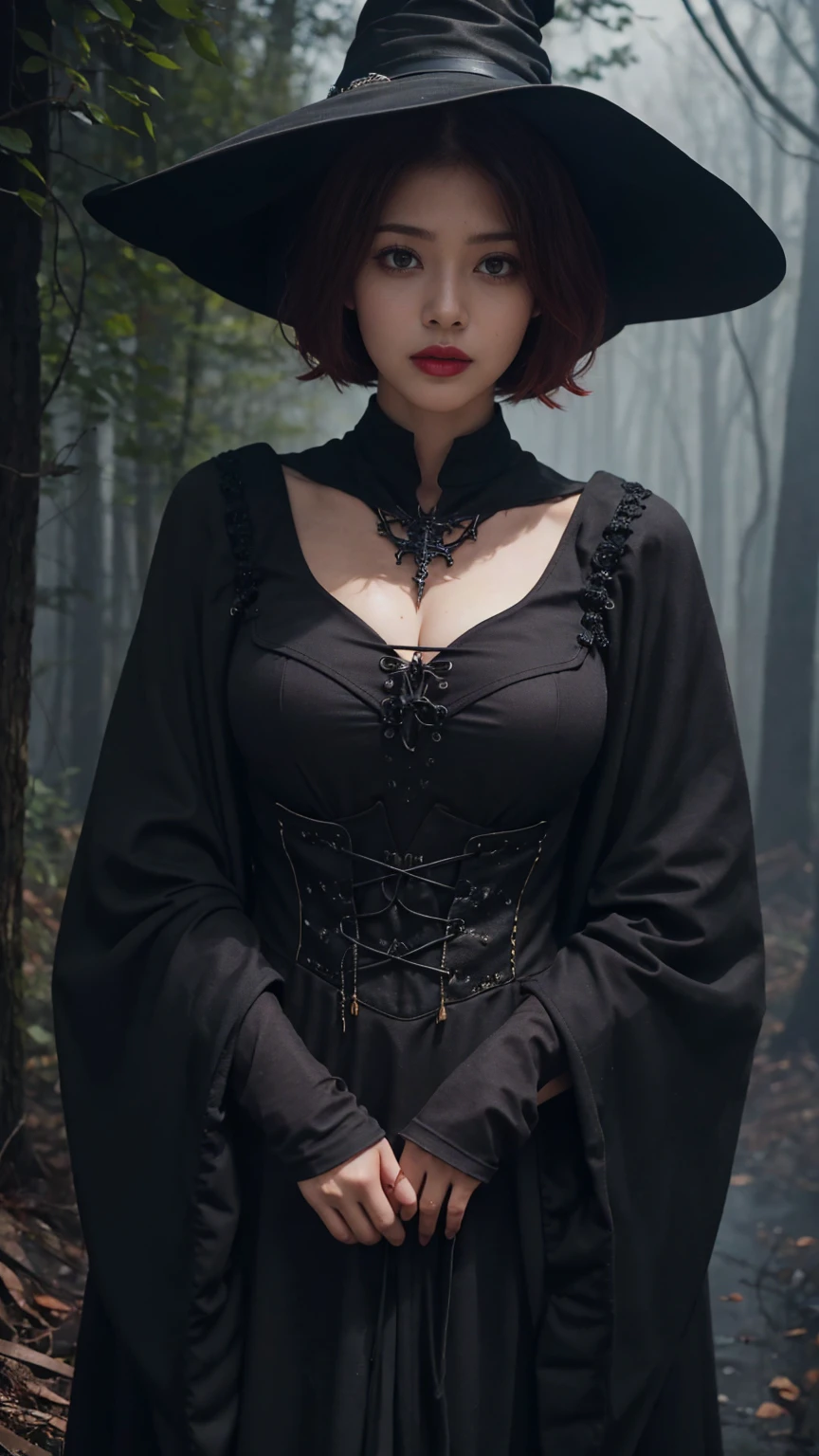 Alone, Masterpiece,   is anatomically correct,  best quality ,   Ultra Fine,   Textured Skin, 4K、woman、 Short red hair parted in the middle 、  fantasy world、 big breasts in okunai、 looking at camera、Slanted Eyes 、 severe face 、(((Black bewitching witch costume ))),  magical atmosphere  、(( gothic makeup )), (( The background is a hellish wilderness where flames rise)), Artistic , 