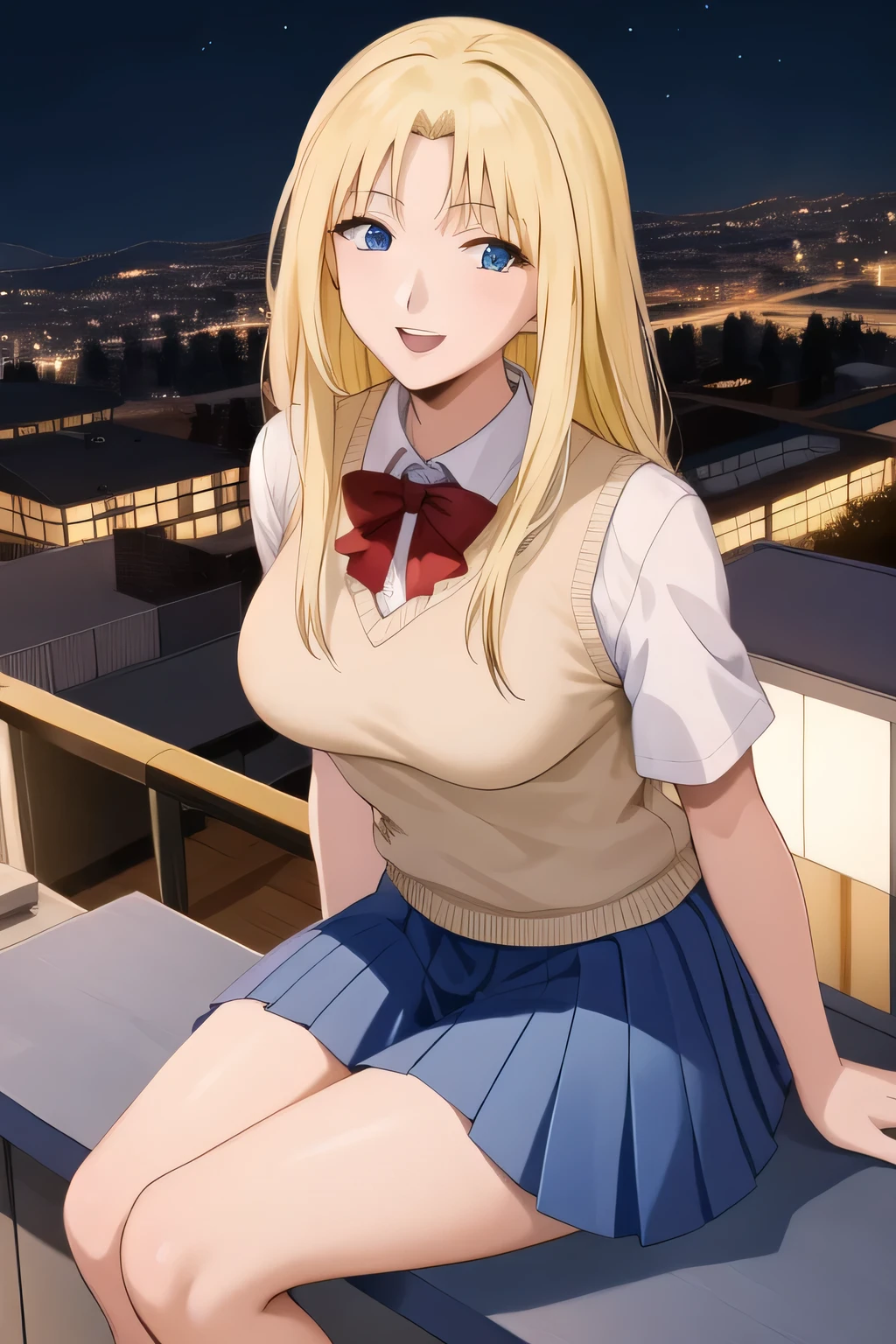 best quality, masterpiece,
1girl, solo, kanzakiurumi, mature female, , slender body, blond,
school_uniform, happy smile, looking_at_sky, sitting_on_school_rooftop, nighttime 
