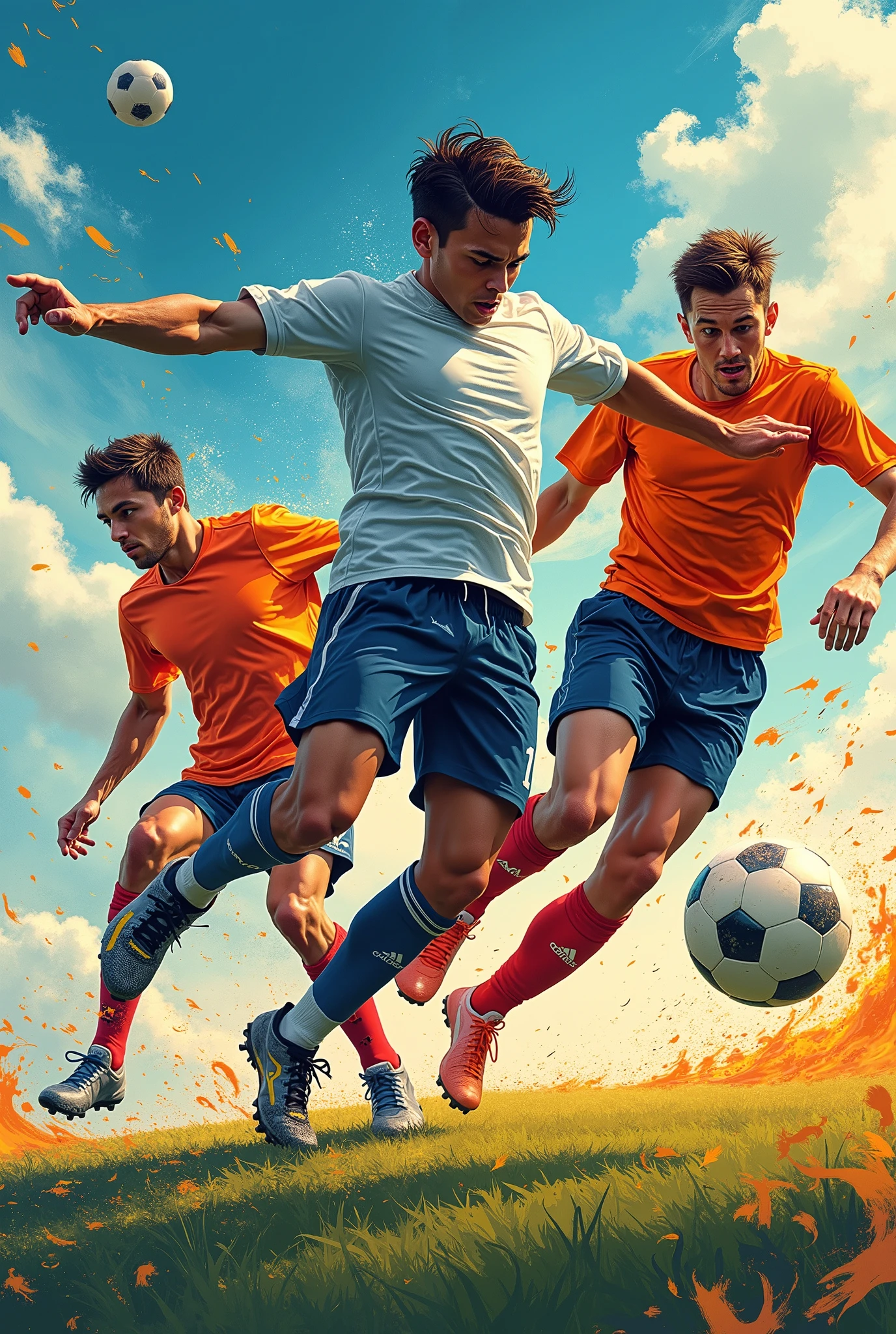 Create a dynamic collage of soccer-themed illustrations with a vibrant, artistic style. Include male players in action poses, such as kicking, dribbling, and jumping to strike the ball. Use a mix of bright and contrasting colors like blue. Incorporate motion effects such as splashes, streaks, and fire trails for the ball, emphasizing speed and energy. Include a ‘Champion’ trophy design as part of the collage. The overall style should resemble vintage sports posters with bold, textured brushstrokes and high-energy composition.