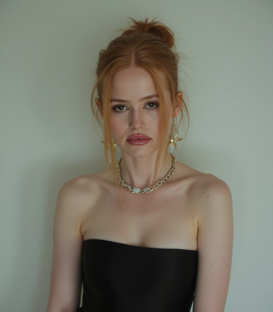 Madeline Petsch in a strapless dress, in a hypnotic state, mouth slightly open, empty stare, standing frontally, emotionless face