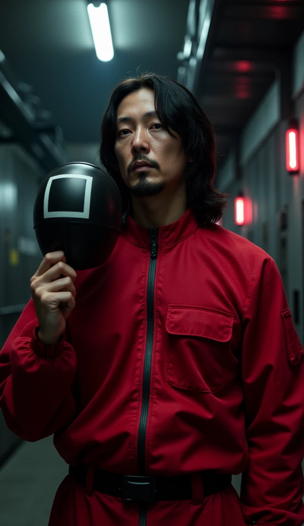 A cinematic close-up of a man dressed as a high-ranking guard from Squid Game, wearing the iconic red jumpsuit unzipped slightly at the top. In one hand, he holds the black mask featuring a white square symbol, revealing his face, which closely resembles actor Keanu Reeves. His expression is calm yet intense, with his signature long dark hair falling loosely around his face and a light stubble accentuating his features. The background is dimly lit, with a cold, industrial vibe—metal walls, pipes, and faint red light casting eerie shadows. The mask in his hand catches a faint glimmer, emphasizing its geometric design and the ominous role it represents. Dust particles float in the air, adding depth and atmosphere to the dramatic scene