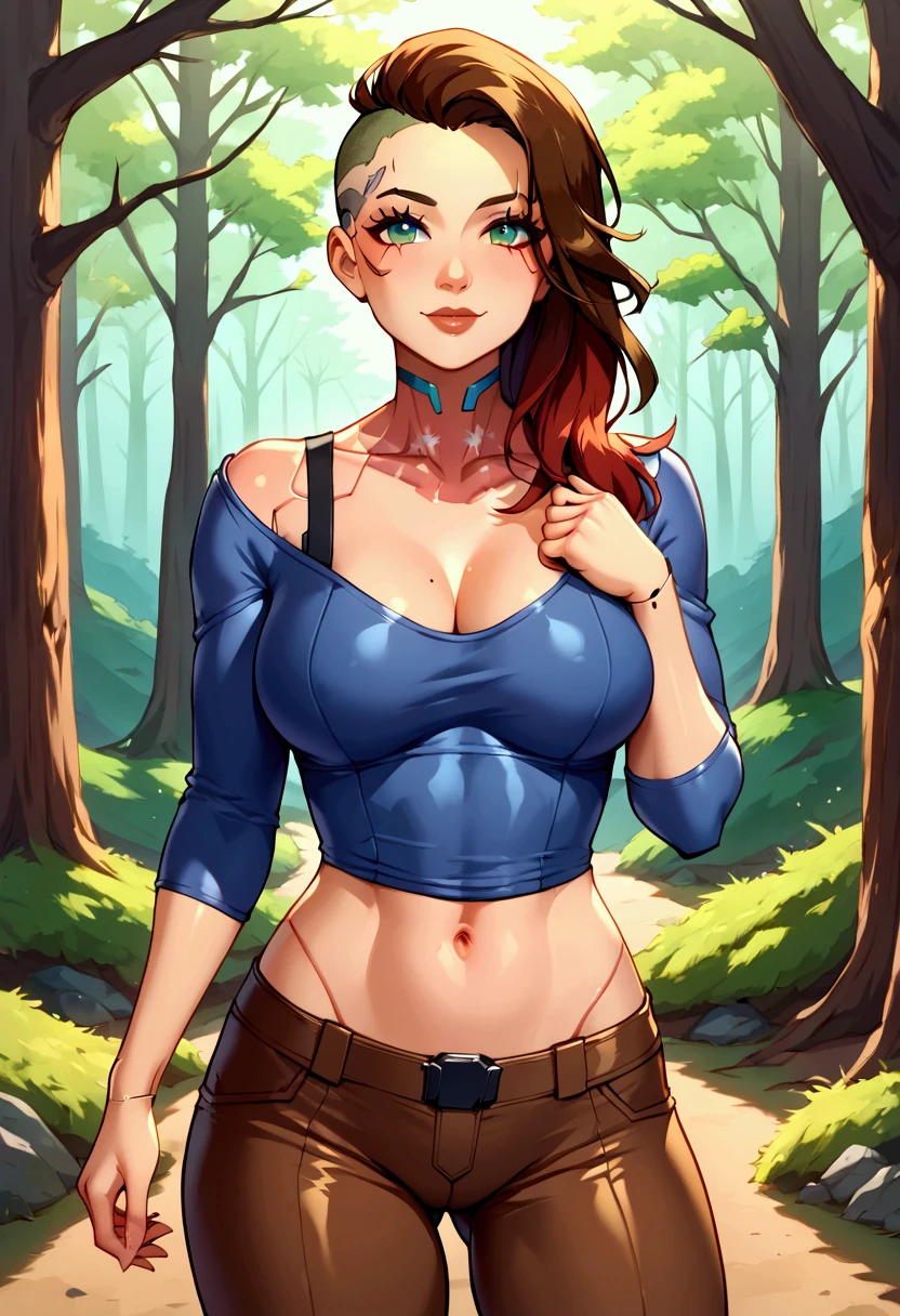 score_9, score_8_up, score_7_up, score_6_up, BREAK Jessie, wearing hiking outfit, backpack, cleavage, big breasts, seductive smirk, hands holding own hips, sweating, wide hips, big ass, in a forest, jeans, long sleeved shirt, tugging at clothes