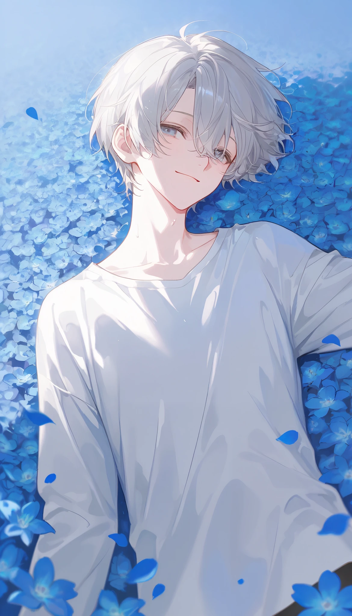 (1 man with short gray hair:1.4),((Blue flower field:1.4))、Blue petals fluttering、 white shirt、Sunshine、smile、 seems to be having fun、ephemeral