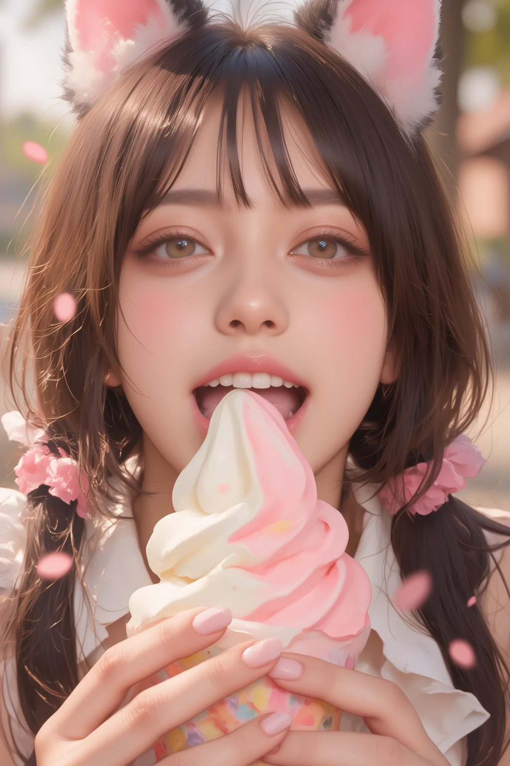     opens the mouth wide   ,((Masterpiece,best quailluminationy 1.4)), (8k,    RAW photos :1.2), (  realistic ,photo   realistic :1.4),     ultra high definition  , (   High definition 8K wallpapers   ) ,  Japanese   Idols,   Japanese   actress,   Japanese  ,     so cute  ,   big eyes,  Face and eyes 、  Every smallest detail has been carefully drawn    、  Blood Comes Back to My Face   ,        down to the smallest details   , Shiny Skin, portrait,(    Twin Tails :1.2),(smile:1.3) ,(   I have soft serve ice cream that is gentle on the hands,   I have soft serve ice cream in my mouth    :1.2),illumination,   Concentration ,     writing border depth , (    Dynamic Angle  :1.4 ).        blur background    , Bokeh, (  blouse,    frill skirt  :1.2) ,(  Daytime in the Park  .)