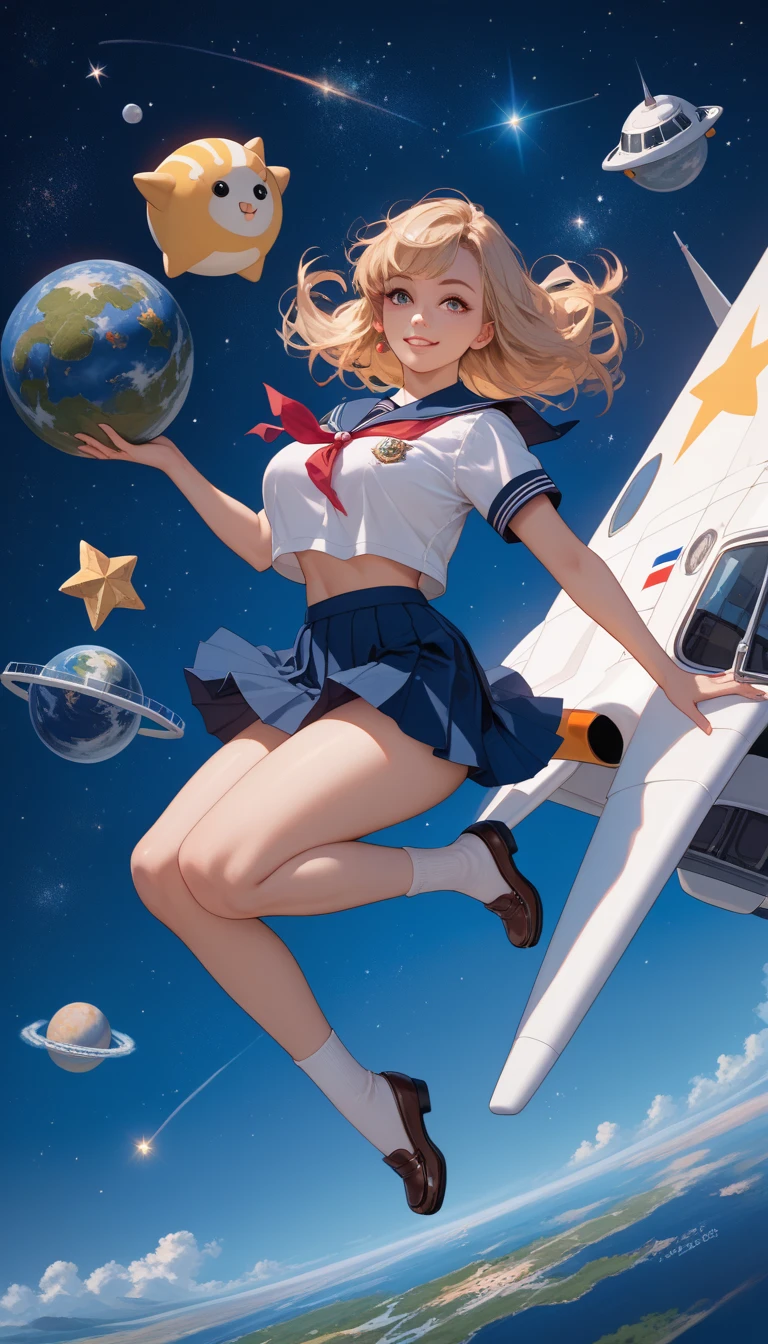 iridescent effect, feet raised, soles, soles in front, covered with soles, sitting, school swimsuit and sailor suit fusion, complex and colorful effects in the background, space debris floating, background is outer space, background is mechanical space colony, natural luminescence, small, female brat, thick eyebrows, thin waist, pigtails, beautiful blonde hair, braids, (masterpiece), ((highest quality)), (super detailed), girl, clean and detailed face, five fingers, textile shading, perfect anatomy,