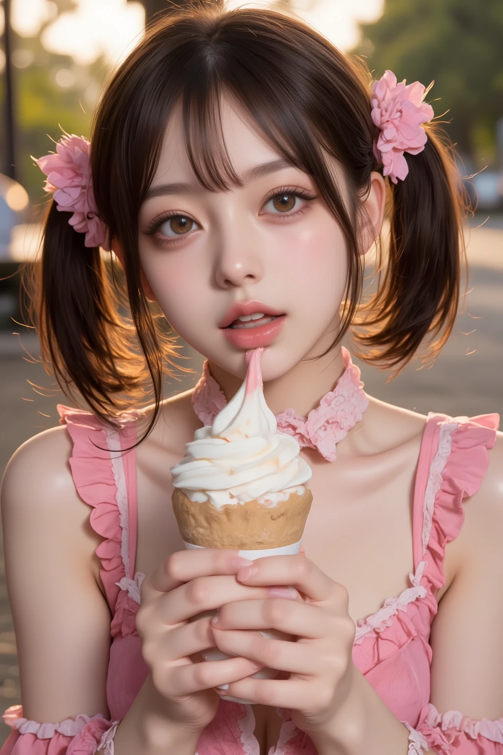     opens the mouth wide   ,((Masterpiece,best quailluminationy 1.4)), (8k,    RAW photos :1.2), (  realistic ,photo   realistic :1.4),     ultra high definition  , (   High definition 8K wallpapers   ) ,  Japanese   Idols,   Japanese   actress,   Japanese  ,     so cute  ,   big eyes,  Face and eyes 、  Every smallest detail has been carefully drawn    、  Blood Comes Back to My Face   ,        down to the smallest details   , Shiny Skin, portrait,(    Twin Tails :1.2),(smile:1.3) ,(   I have soft serve ice cream that is gentle on the hands,   I have soft serve ice cream in my mouth    :1.2),illumination,   Concentration ,     writing border depth , (    Dynamic Angle  :1.4 ).        blur background    , Bokeh, (  blouse,    frill skirt  :1.2) ,(  Daytime in the Park  .)