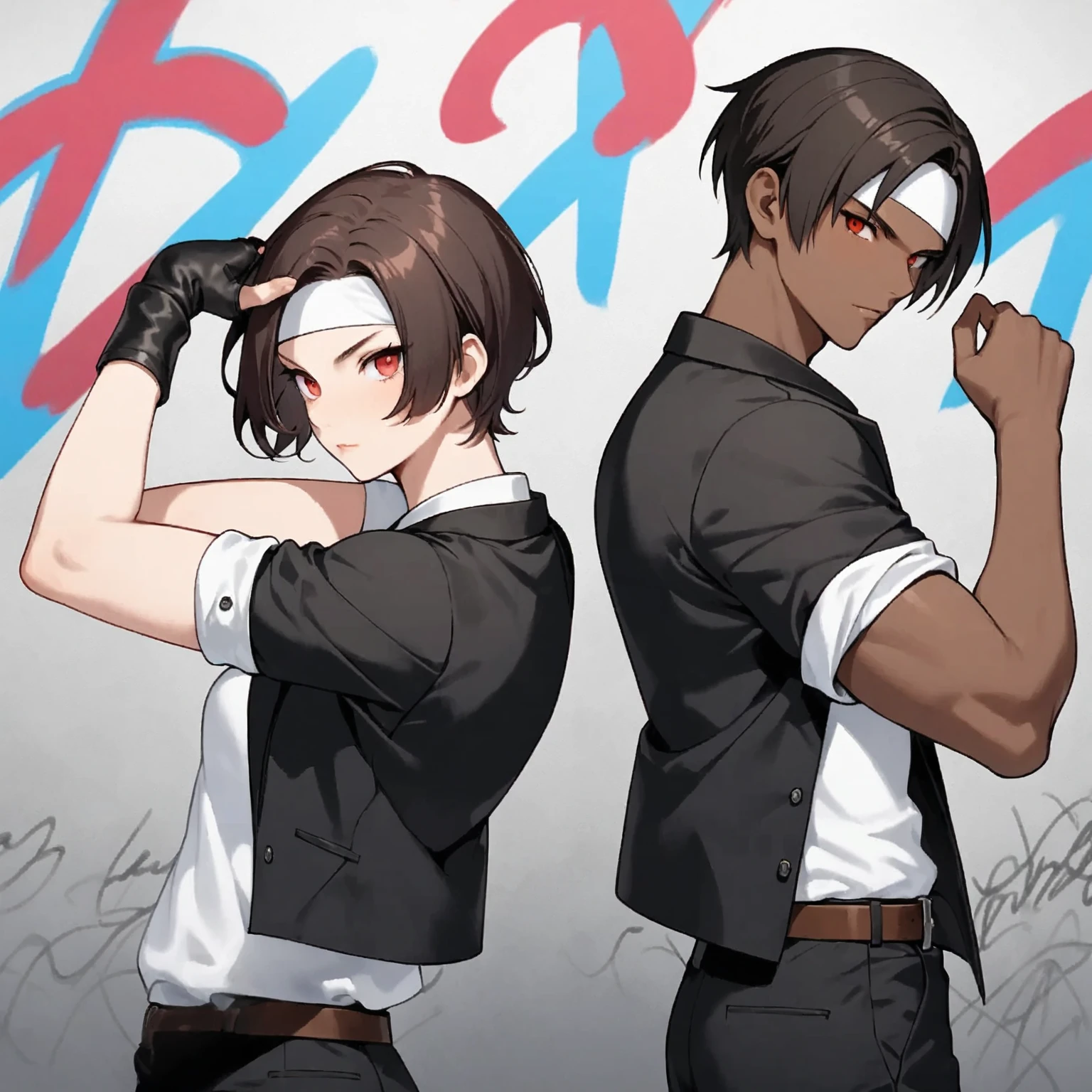 Black hair mohawk, dark skin, handgun, black suit vest, cigarette