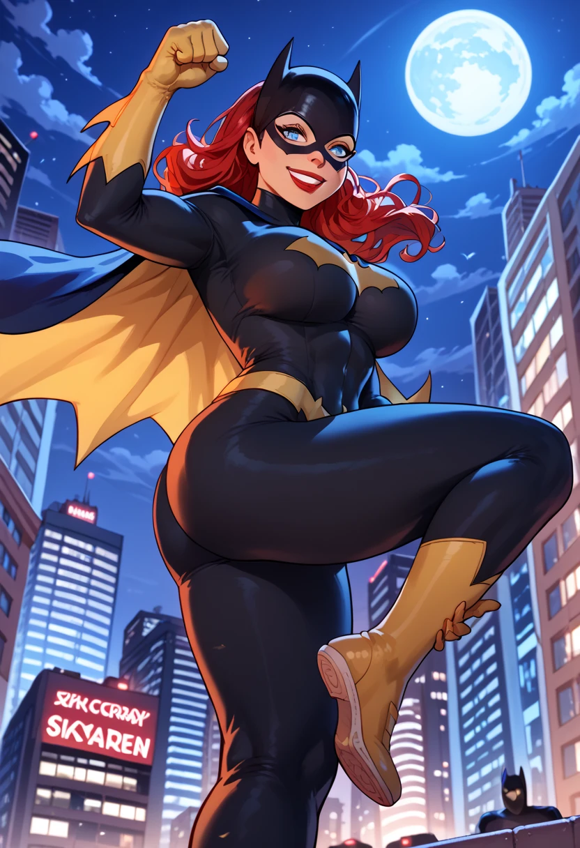 woman, big breasts, red hair, white skin, red lipstick, anime style, night, cartoon, mask, blue eyes, city, Batgirl, jumping from skyscraper, viewfrom below, open cape, smile, kick