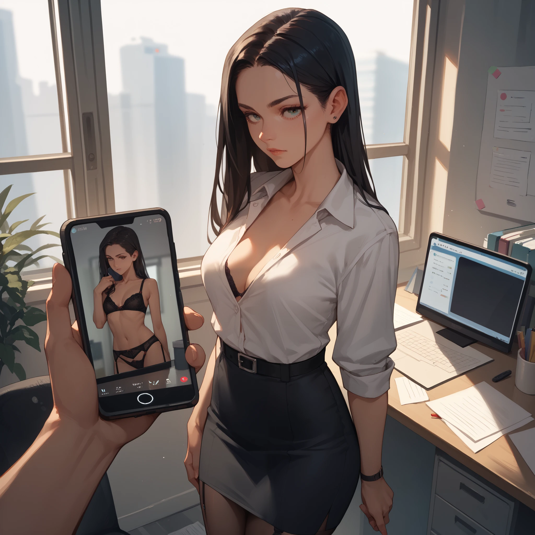 1girl, Office lady, Long hair, Standing, Office, Score_9, Score_8_Up, Score_7_Up, Score_6_Up, Score_5_Up, Score_4_Up, Phone, Screen, Fully Clothed, Phone Exposure, Garters, Suspender Belt, Lingerie, Bra, Nude, POV, Dark Hair, Skimpy