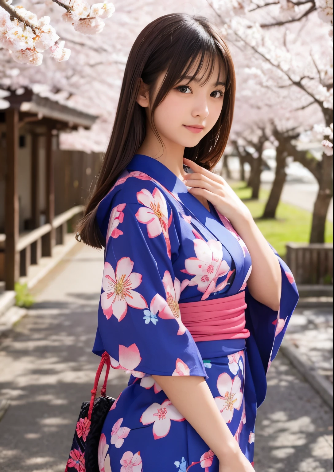 (8k、high resolution、High resolution、Fine details)Beautiful eyelashes、High resolutionの顔、Zoom out、18 years old、 Beautiful detailed eyes、Random cute hairstyles、c cup breasts、yukata、Summer festival、Japan、Standing posture、whole body、美しいヒップライン