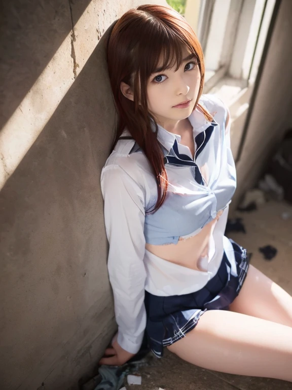 ((highest quality, 8k, masterpiece:1.3, Realistic:1.3)), {{Sitting on the bed, From below, dakimakura}}, Balanced style、(((Wearing a tank top on the upper body))）、Very stylish Japanese high school girl, Single woman,  very light brown hair, With bangs, (Japanese Uniform, White socks, Thick thighs,cotton side string thongs), Highly detailed face and skin texture, Beautiful Eyes, Lip details, rocket big breasts、The hair is very well drawn, (((Sweating in the summer heat))), Glancing shyly at the camera, Natural Makeup:1.0,skirtlift,highleg panties,eva school unifrom, 1girl, solo, tokyo-3 middle ,
shirt, short sleeves, suspender skirt, neck ribbon,