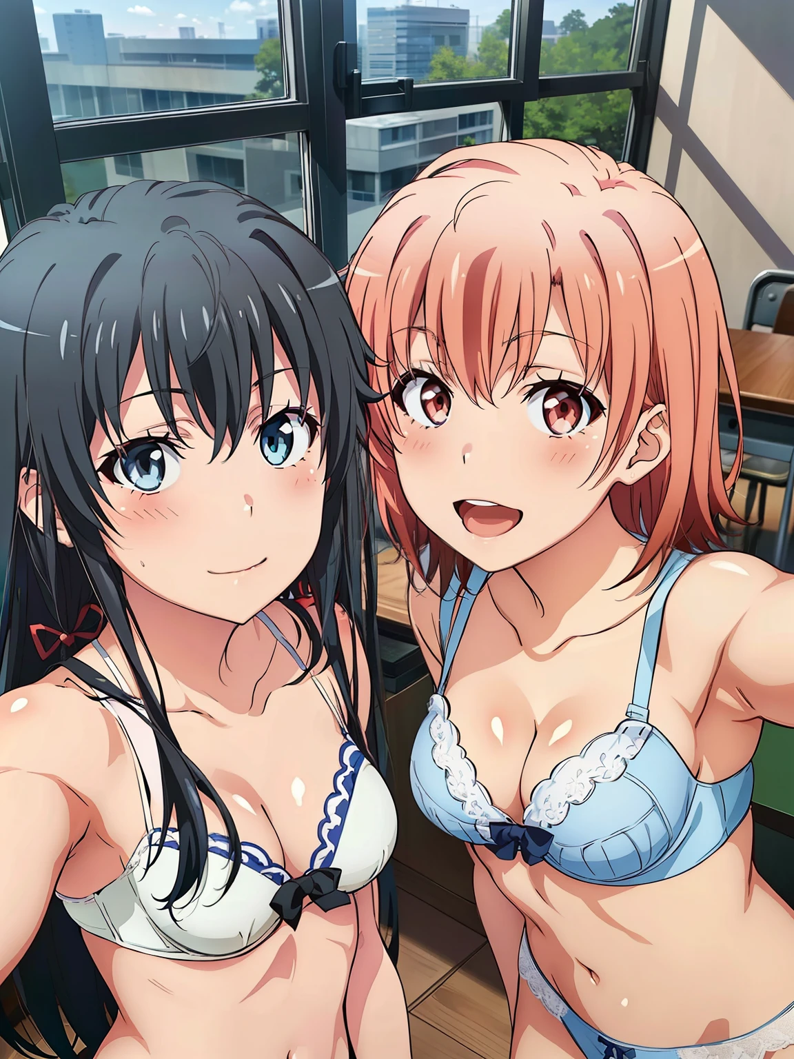 2 girls , Yukinoshita Yukino , yuigahama yui&#39;My chest and crotch are in good condition.., waltz dance , In underwear,I&#39;looking forward to it,hold hands,whole body,pink silk panties,white silk panties,Crotch with streaks,thighs,high angle,open your mouth,smile,beautiful eyes,Clear eye color,