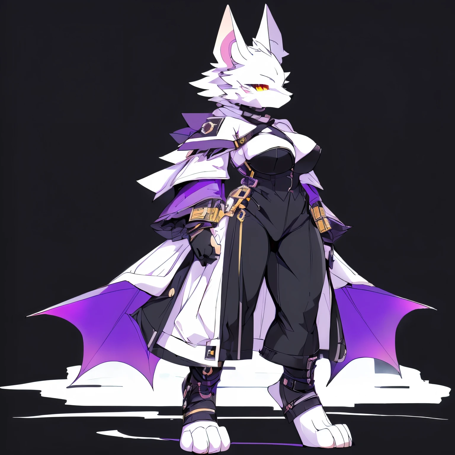 Anime, anime style, ((single person:2)), ((solo drawing:2)), ((solo:2)), ((three-quarter view)), ((Looking to the side)), ((female Anthro bat)), ((Tall figure)), ((buxom figure)), ((white skin)), clawed hands, clawed feet, ((Single Pair of Wings)), ((Huge Bat Wings)), ((Purple Bat Wings:1.2)), white bat ears, ((wearing a black halter)), ((white face)), ((neutral expression)), bright yellow eyes, ((digitigrade legs)), ((digitigrade feet)), solid black background, highly detailed anime style, clean lines, white face, short white muzzle, white furry cheeks, white furry muzzle, ((wearing loose black pants)), ((white paws))