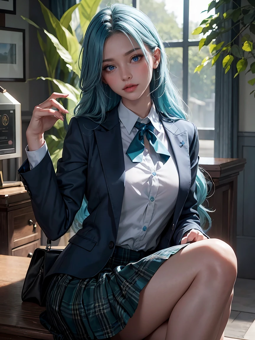 realistic, High resolution, soft light,1 female, alone, waist rises high, (detailed face),tattoo, jewelry, ((girl sitting in school classroom)),black haired、shortcut,wear、((white blazer、check skirt、style,chest is low, long hair、((ponytail))、((Panty shot))、((mix4))、((exterior々color panty abe々colored hair))