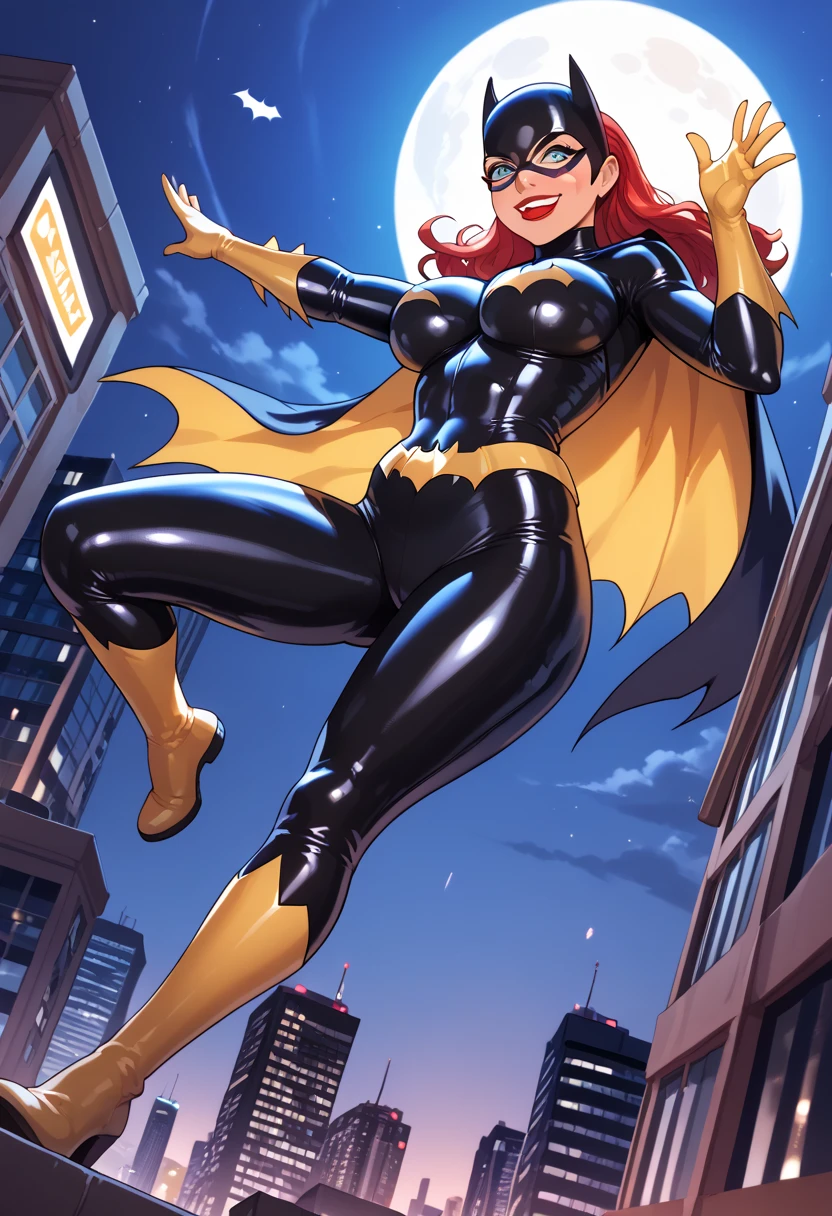 woman, big breasts, red hair, white skin, red lipstick, anime style, night, cartoon, mask, blue eyes, city, Batgirl, jumping from skyscraper, viewfrom below, open cape, smile, kick