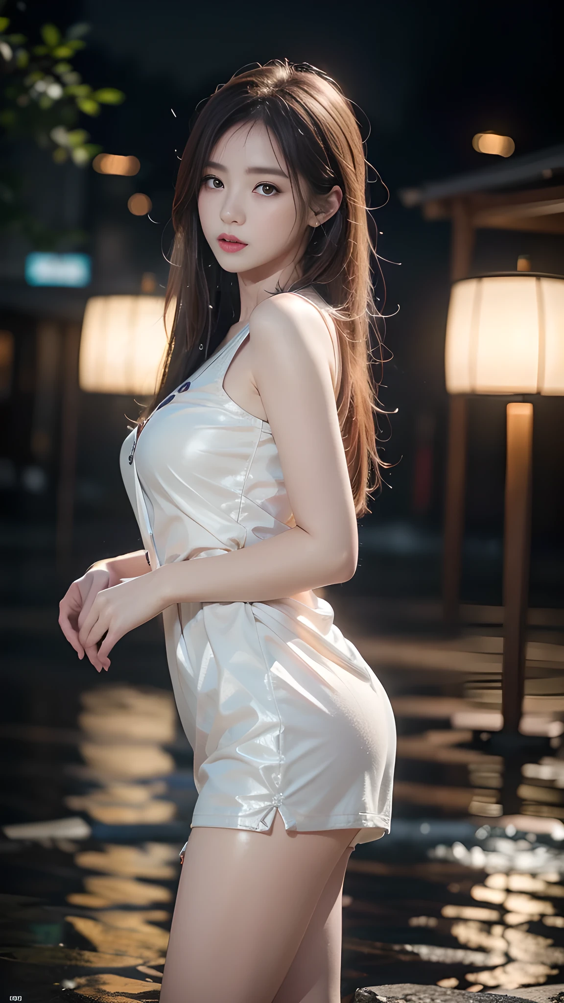 INS Girls, (Surrealism+pure), ((bare shoulders)), Exquisite and beautiful eyes, ((knee shot)), ((from below)), high contrast, HD picture quality, dynamic tilt, Flare effect, realistic details, official art, masterpiece, Unity 8k桌布, Super detailed, 美丽的masterpiece, top quality, glowing skin, movie lighting, sweet and cute, Long brownish-yellow hair, curls, warm color palette, Extremely high color saturation, night, street photography
