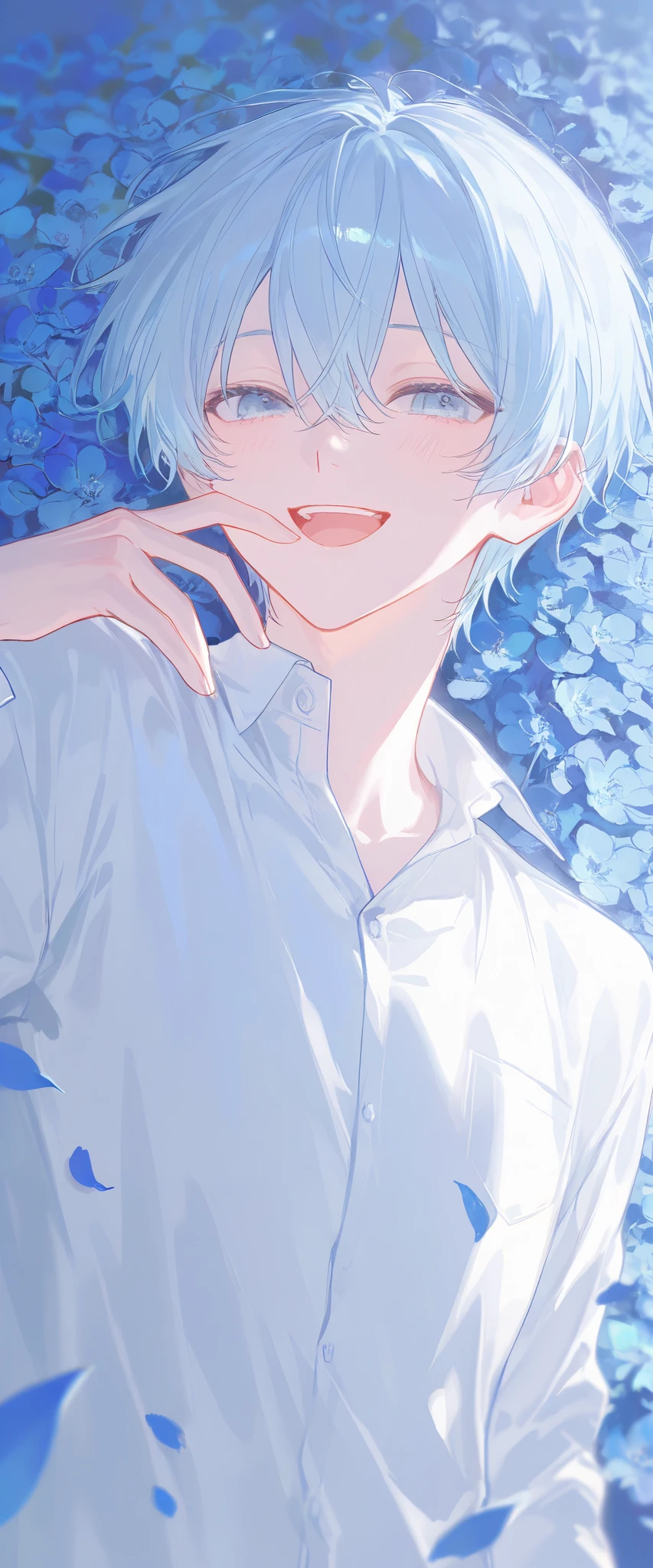 (1 man with light blue hair and short hair:1.4),((Blue flower field:1.4))、 the petals dance、 white shirt、Sunshine、 is bursting out laughing