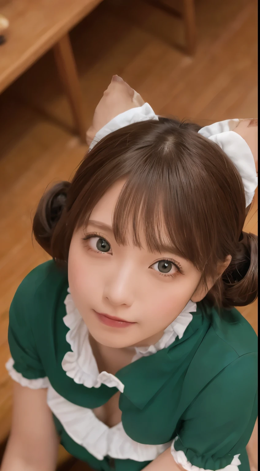 Tabletop, highest quality, shape, Very detailed, In detail, High resolution, 8k wallpaper, Perfect dynamic composition, ((close:1.3, From above, View your audience)), Beautiful details , (Wearing cotton maid clothes, , Cute Ruffle Girl Dress, Maid's headband, Base color is white、black、green),Twin tails((nsfw:1.5))