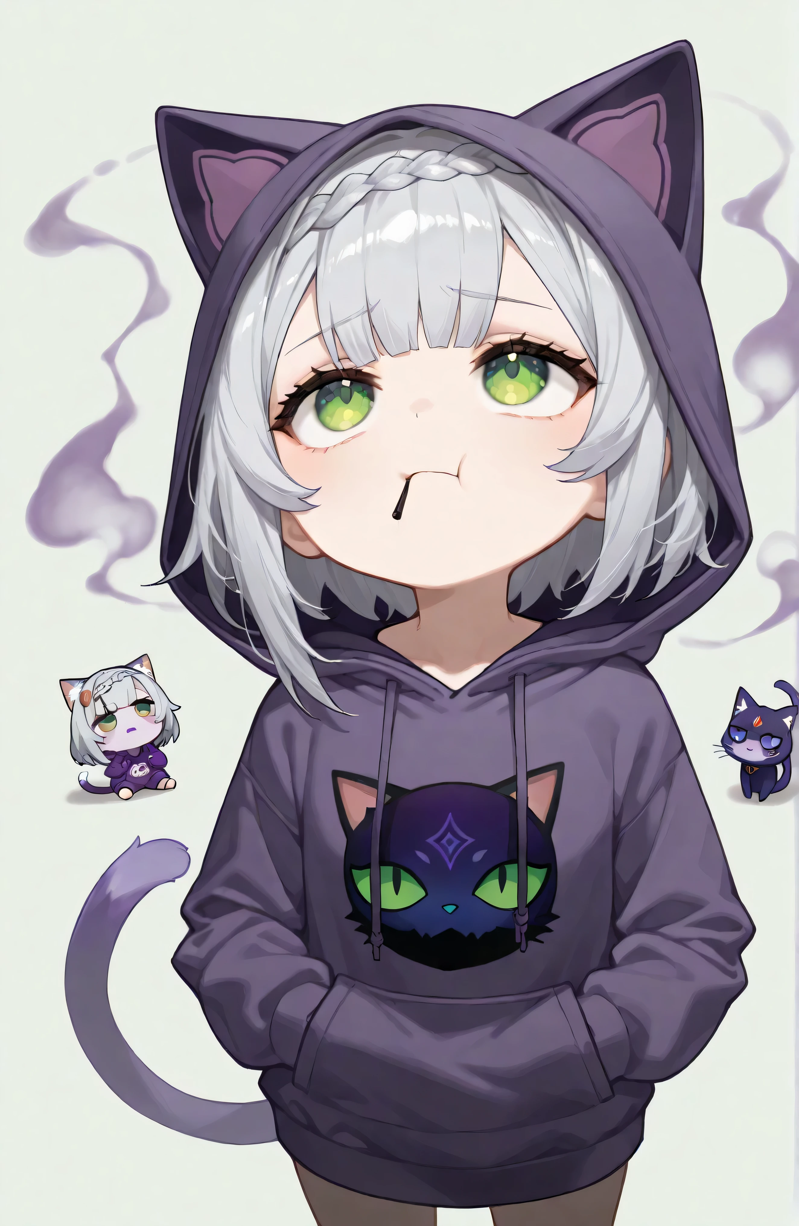 masterpiece, best quality,(Very Simple Drawing:1.2), (Deformation:1.0), (Comical:1.3), solo, noelle_\(genshin_impact\), (green_eyes:1.2), silver hair, short hair, 1girl\((Chibi:1.4), Beautiful, Young, (purple Cat Hoodie:1.5),(purple Cat ear Hoodie\(cat face printed\):1.5),purple cat-tail,purple eyes,big eyes,detailed pupils, short white straw at mouth,(Good Mood:1.2), (Hands in Pocket:1.0),purple smoke from straw,sit on the ground,rough pose,looking up,looking away\), simple background