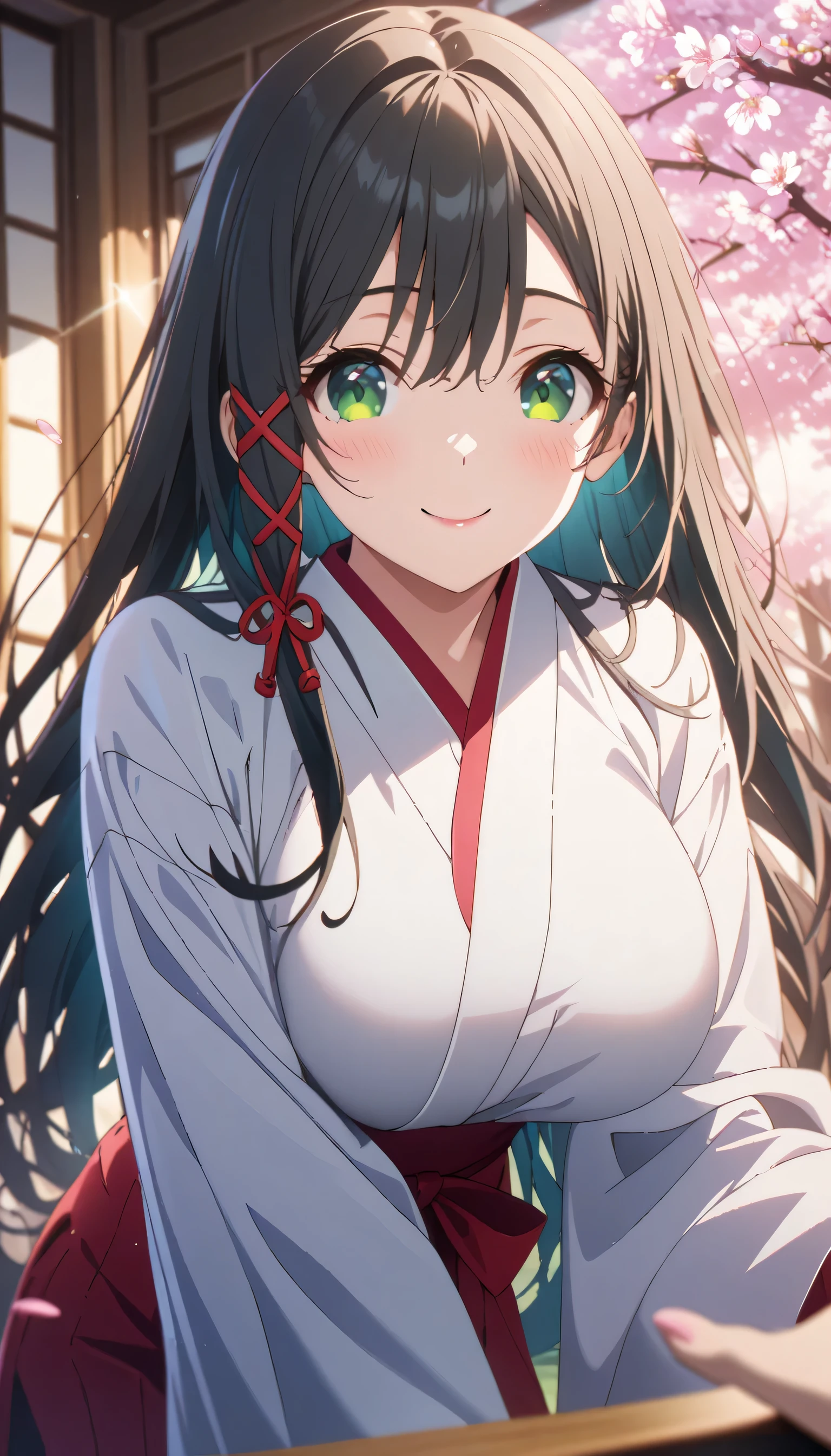 ((ultra-detailed)), (highly detailed CG illustration), (best quality:1.2), ultra-highly detailed, colorful composition, artistic photoshoot, score_9, score_8_up, 1girl, solo focus, amagamiyae, black hair, green eyes, red ribbon, hair ribbon, japanese clothes, miko, hakama skirt, red hakama, white kimono, ample breasts, wide sleeves, looking at viewer, slight smile, beautiful detailed sky, cherry blossom petals, cherry trees, row of cherry trees, breeze, petals dancing in the wind, portrait, depth of field, soft lighting, sidelighting, (shine), lighting, caustics, ray tracing, smile, perfect face, lustrous skin, highly detailed face, highly detailed eyes, perfect face, perfect nose, perfect hair, perfect eyes, perfect anatomy, beautiful hair, beautiful small face, extremely detailed face, beautiful detailed eyes, beautiful clavicle, beautiful body, beautiful huge breasts, leavage, breasts squeezed together, equalize the size of the left and right breasts, beautiful thin thighs, beautiful legs, beautiful fingers, 4 fingers, 1 thumb, lovely, (very detailed background:1.0), (highly detailed background:1.0), winter aesthetic, intricate details, joyful atmosphere, winter colors palette, chromatic aberration