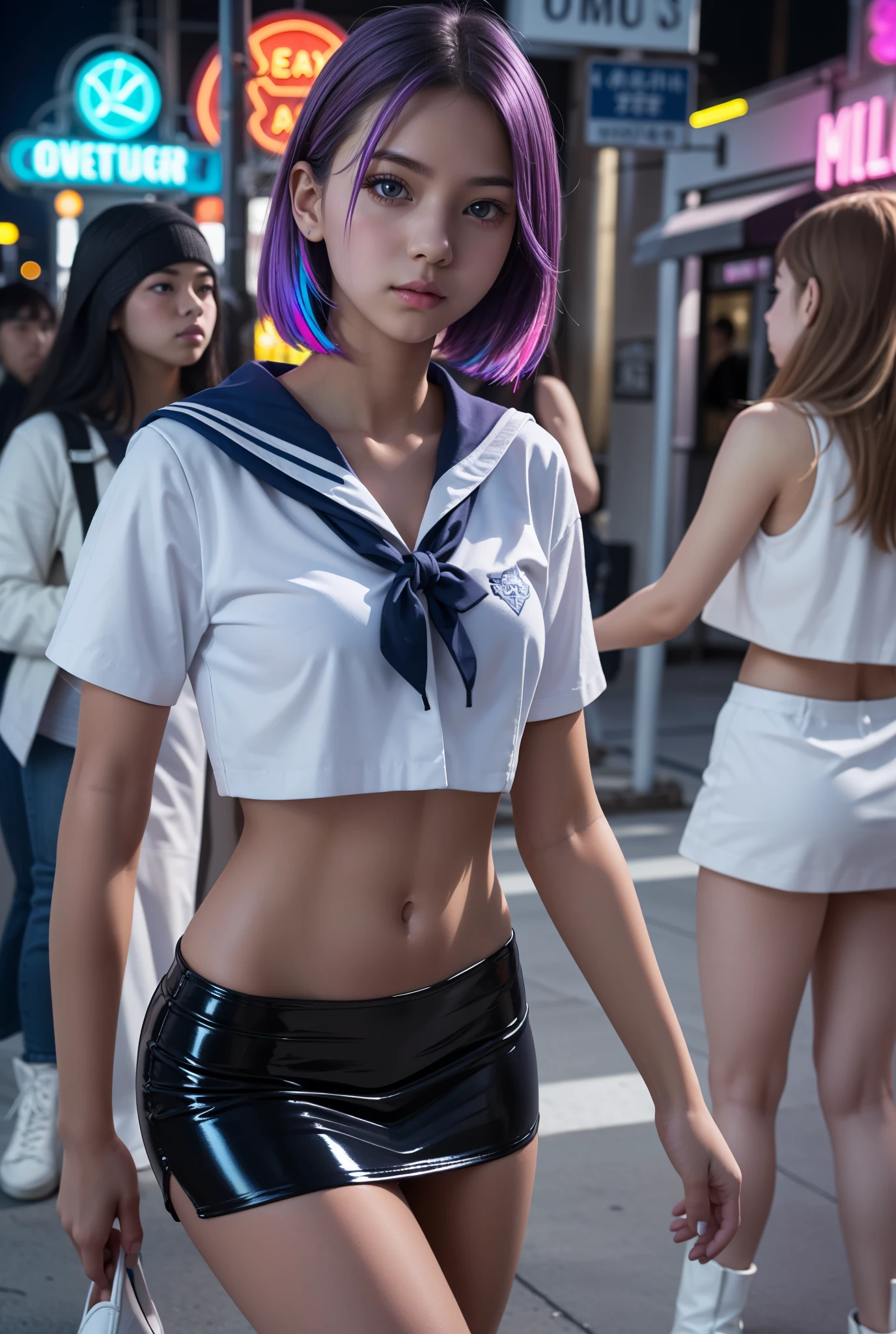 ( highdefinition images、Pro Work 、Artistic、's greatest masterpiece、 Draw Realistically Accurate with Detailed Details 、 Detailed texture :1.2)、( beautiful17-year-old girl、Beautiful girl with purple hair、Small chin、 big eyes、 Feeling slightly apart between eyes 、( big eyes)、 beautiful鼻、Thick lips、(Slim Full Body 、long legs and arms 、 white sailor suit、dark blue miniskirt、Figure of a female high school student 、White latex boots:1.4)、(( slender body、The background is a glowing colorful neon sign)):1.5)