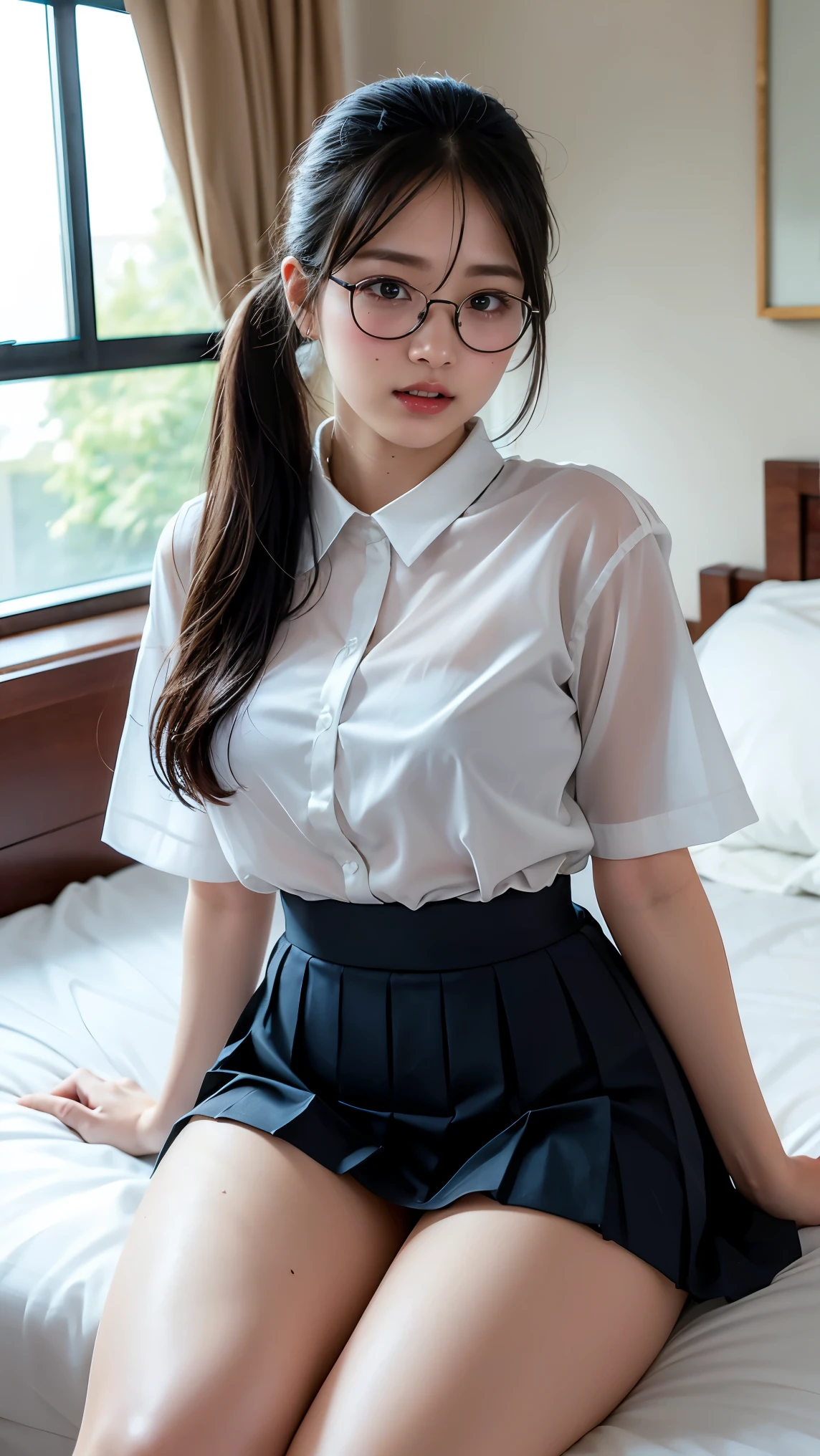 A girl wearing glasses, a school uniform, a short skirt, black hair, shy, showing her thighs, lying on a bed, barefoot, sweating, wearing a collar, being led by a man, sticking out her tongue, opening her mouth wide, neat, her arms tied up.