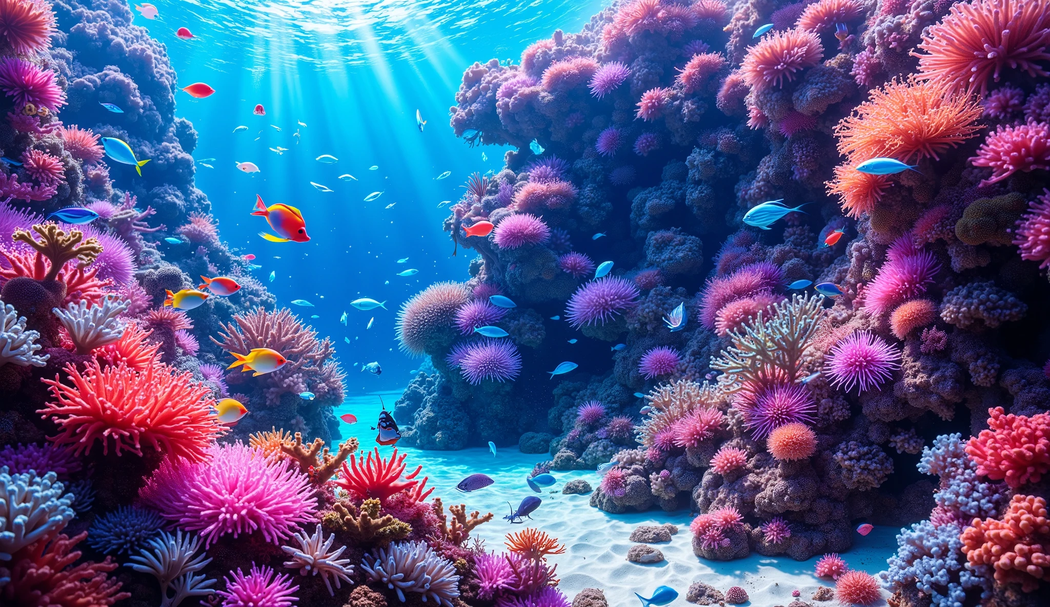 (In the water), ((Detailed, brightly colored red and orange, purple, blue and green coral reef in the center)) , (( a group of 1000 natural corals with lots of colors )), ( green and blue corals that emit fluorescent colors), crystal clear water, , strong sunshine ,Vast coral reefs ,Detailed seaweed ,( lots of colorful tropical fish),( myriad cobalt sparrows ), large blue tropical fish , spiny butterflyfish ,Hanadai-hsien, golden butterflies .Scallops , myriad cobalt sparrows , seahorses,There are psychedelic starfish on the seabed , life,  lively colors, Serene atmosphere, Quiet, Swaying seaweed ,  array of vibrant colors ) , ( best quality , High Resolution :1.2), (In the water photography), ( lively), (  soft diffused lighting  )