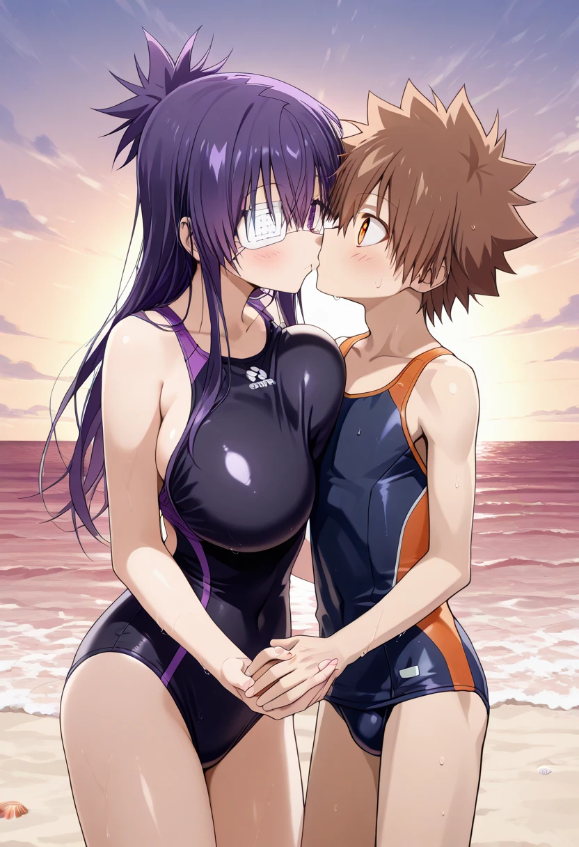 score_9, score_8_up, score_7_up, score_6_up, score_5_up, score_4_up, source_anime, aadokuro, short hair, purple hair,long hair,purple eyes,eyepatch, breasts,very large breasts, perfect body,beauty,very huge breasts,narrow waist,bust size is 250cm over,sexy,seductive anime girl,One Shota,Tsunayoshi Sawada,tsuna_hyper,A boy with very messy brown hair,she has purple hair,she has purple hair,she has purple hair,she has purple hair,she has pink eyes,he has very messy brown hair,he has very messy brown hair,he has very messy brown hair,she has purple eyes,she has purple eyes,he has orange eyes,he has orange eyes,he has orange eyes,sea,she is smiling seductively,Boy and woman are kissing,Boy and woman are hugging,5 fingers,Beautiful fingers,swimwear,Boys and women are wearing swimsuits,She is wearing a bikini,she wears an eyepatch over her right eye